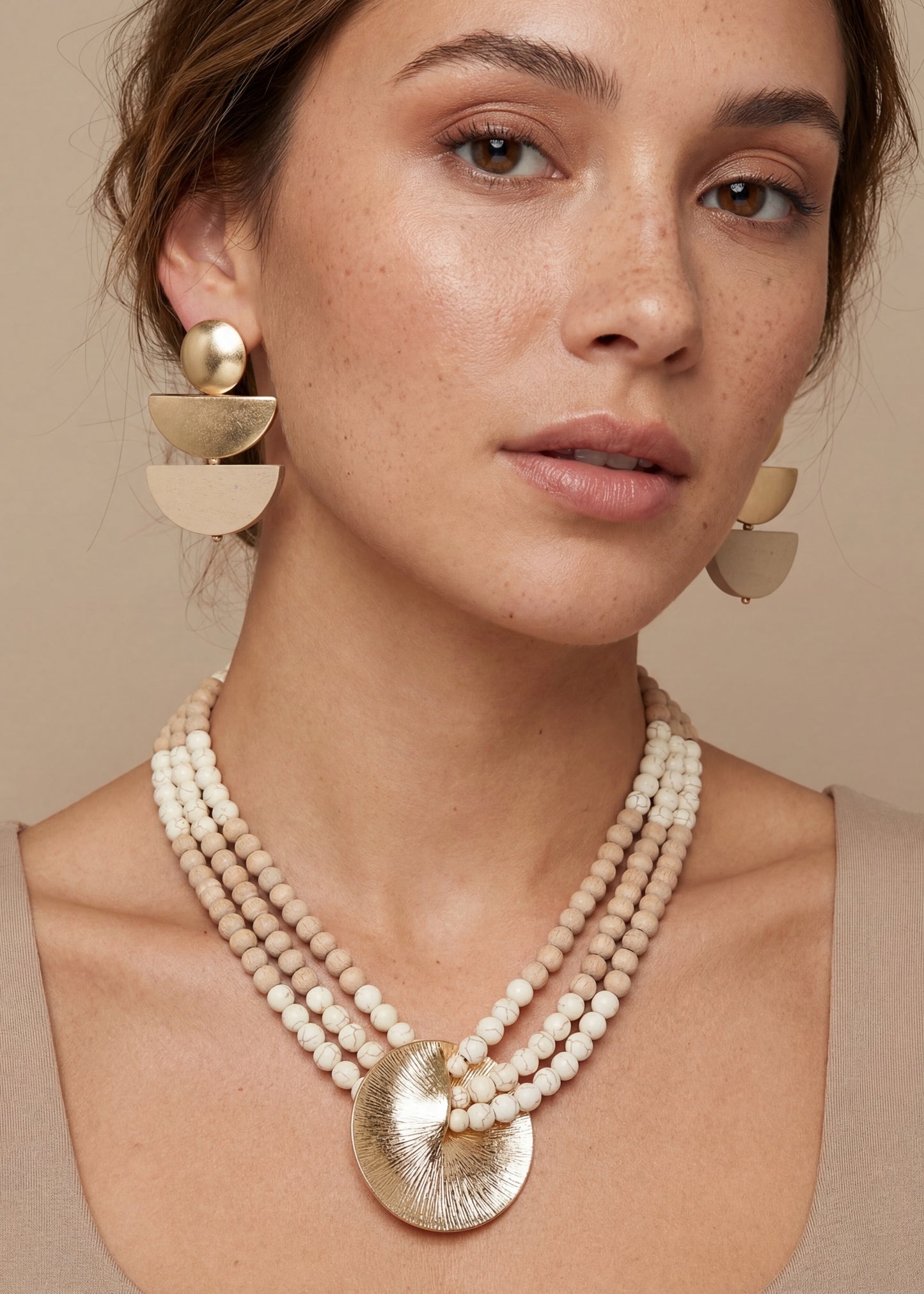 Merx - Wood Multi Bead Metallic Pendant Necklace