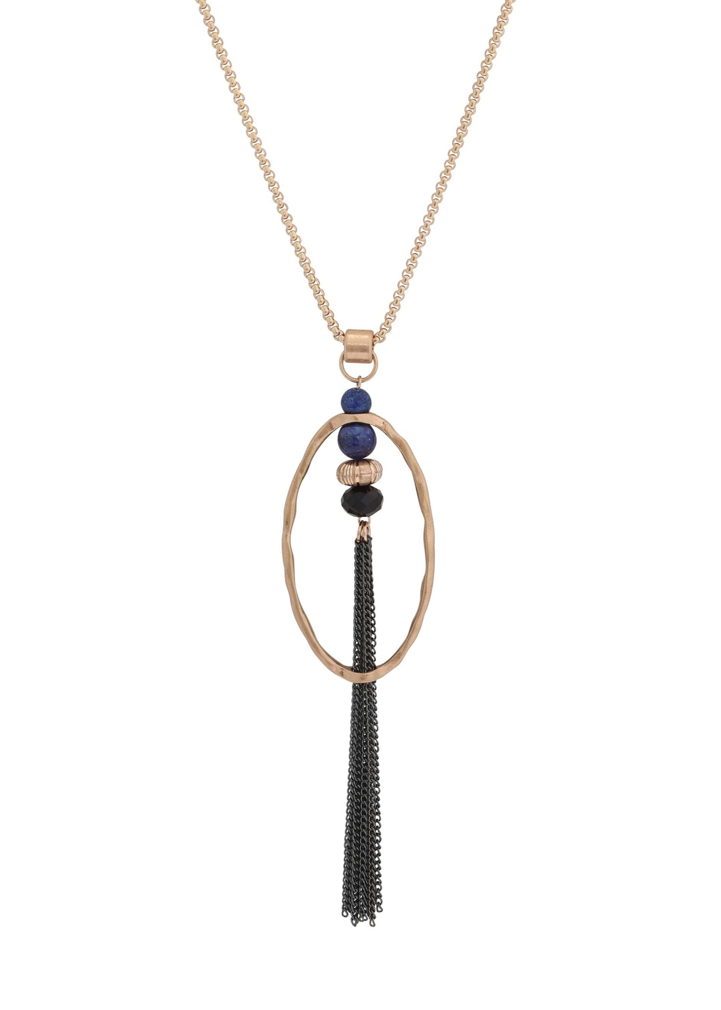 Merx - Oval Pendant Necklace with Mixed Stones & Tassel