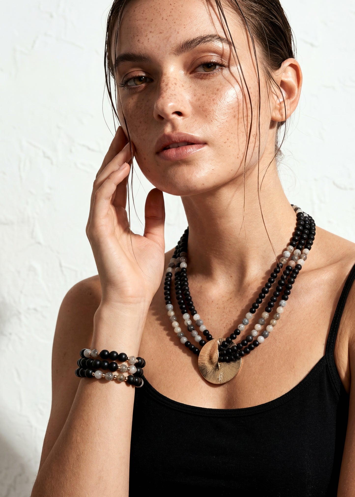 Merx - Multi Bead Metallic Pendant Necklace