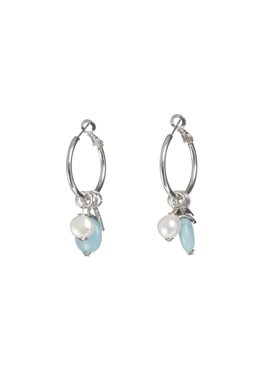 Silver-Tone Hoop & Pearl and Blue Stone Drop Earrings