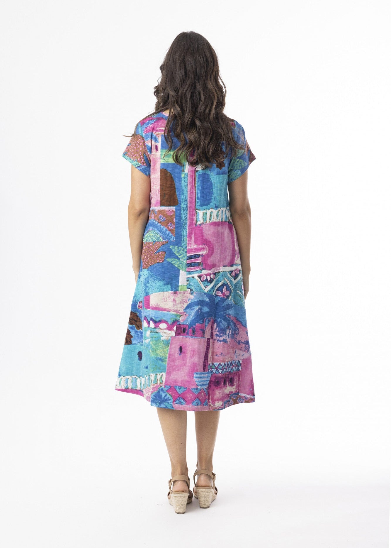 Orientique - Marakesh Printed Cotton Dress Shift Flair Crew