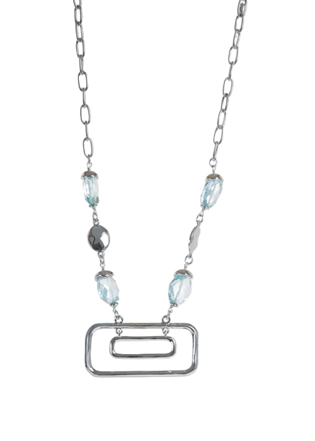 Silver-Tone Chain & Aqua Crystal Double Rectangle Pendant Necklace