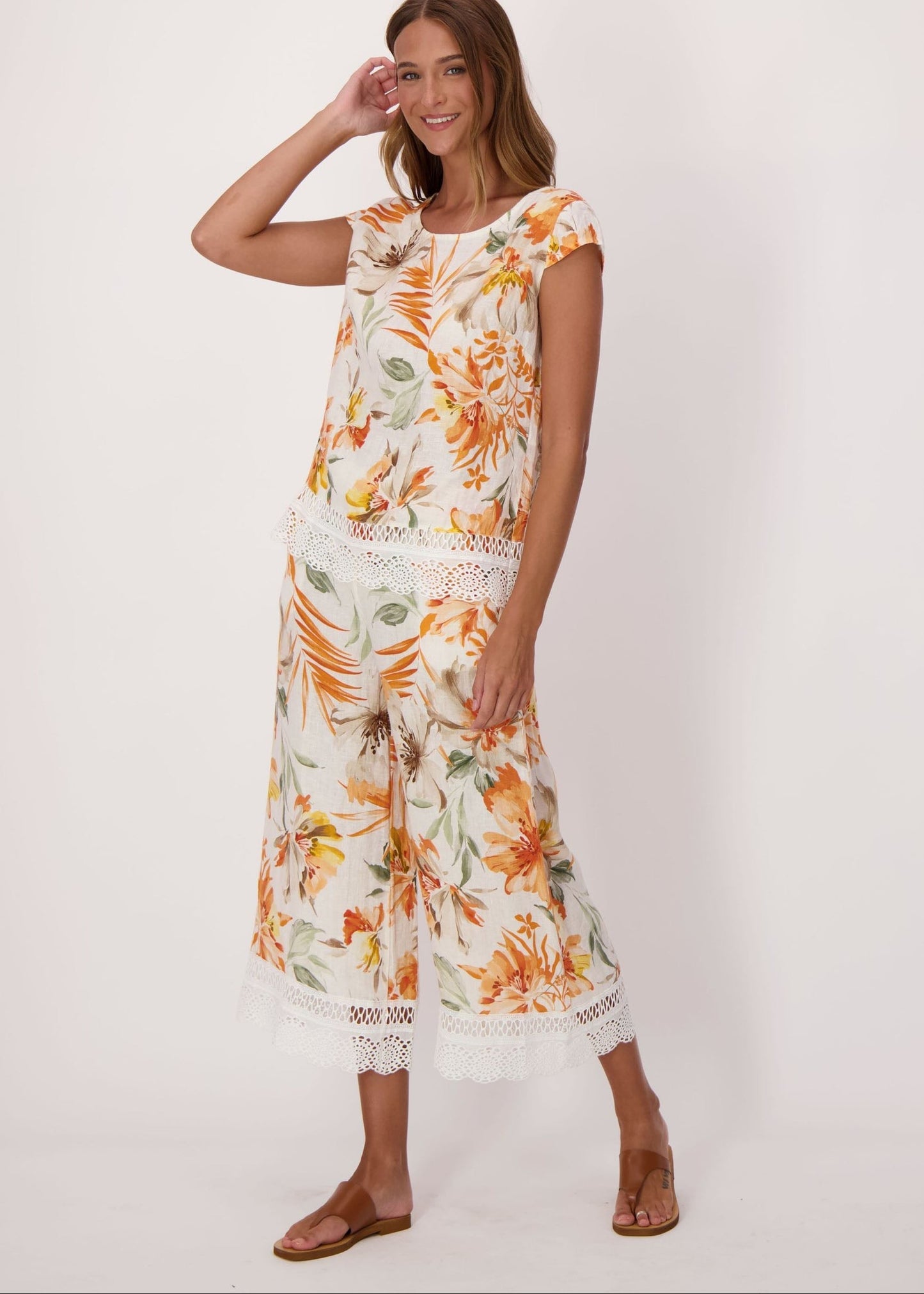 Spanner - Sunset Palm Lace Hem Linen Top - SALE