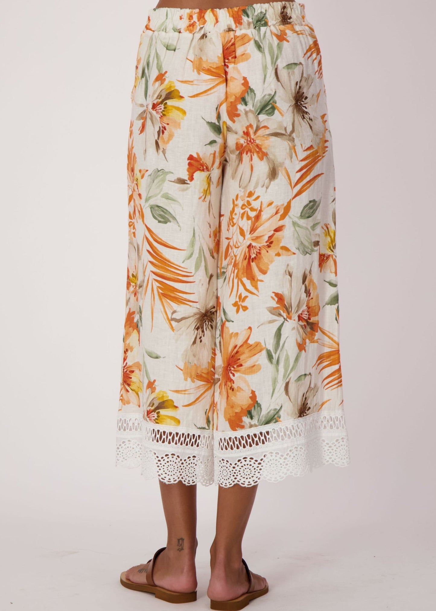 Spanner - Sunset Palm Lace Hem Linen Capri - SALE