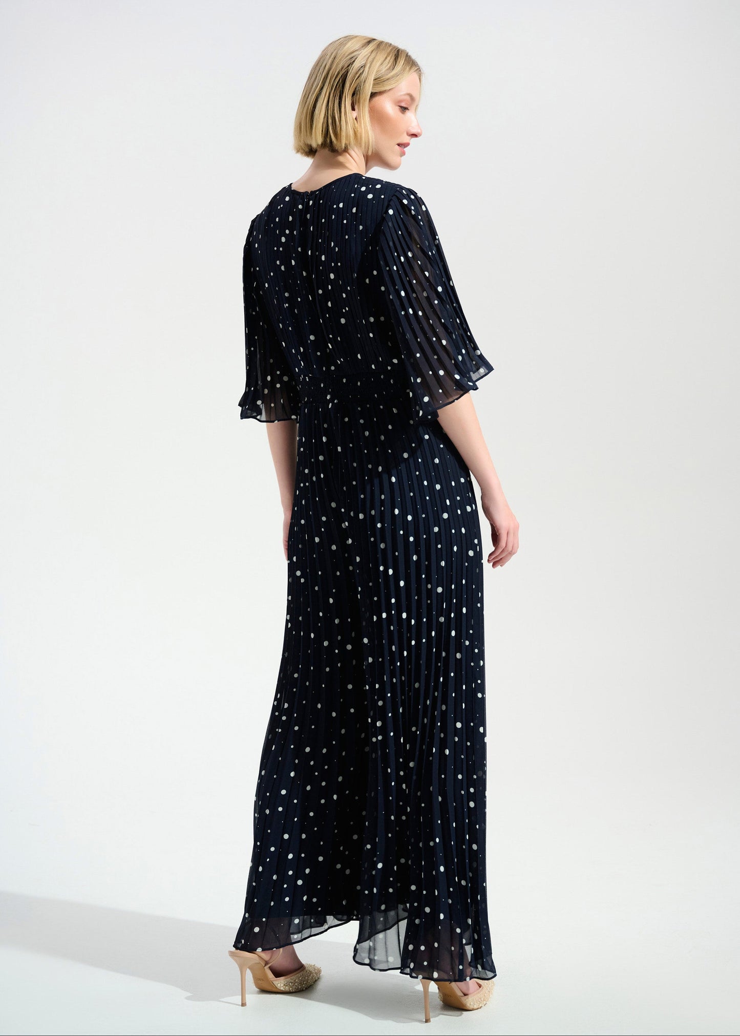 Joseph Ribkoff - Signature Pleated Chiffon Dot Print Wide Leg Jumpsuit With Knot Detail