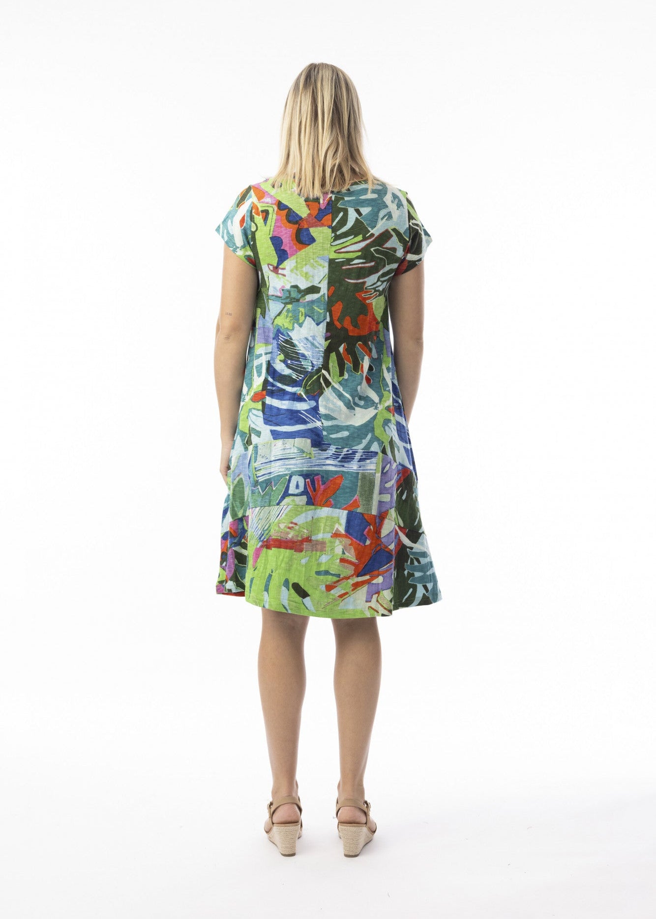 Orientique - Leaves Printed Cotton Dress Shift Flair Crew