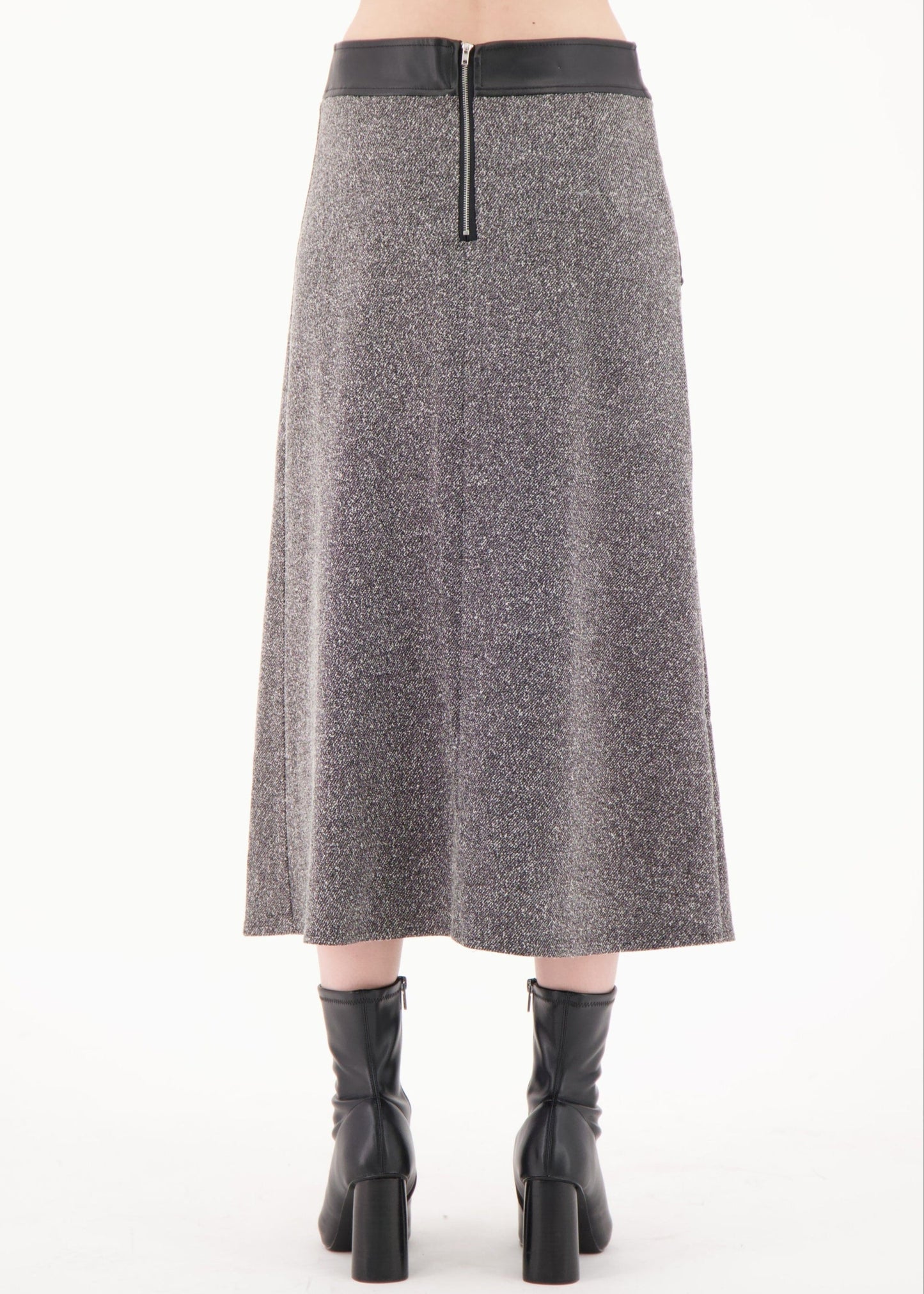 Gray skirt with black waistband and hem on a white background