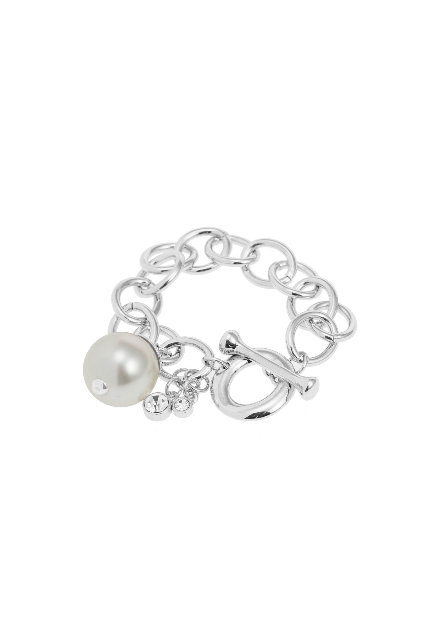 Merx - Silver Oval Link Chain Pearl & Crystal Charm Toggle Bracelet