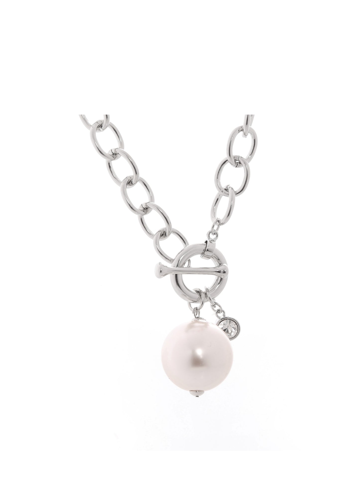 Merx - Silver Oval Link Chain Toggle & Pearl Drop Necklace