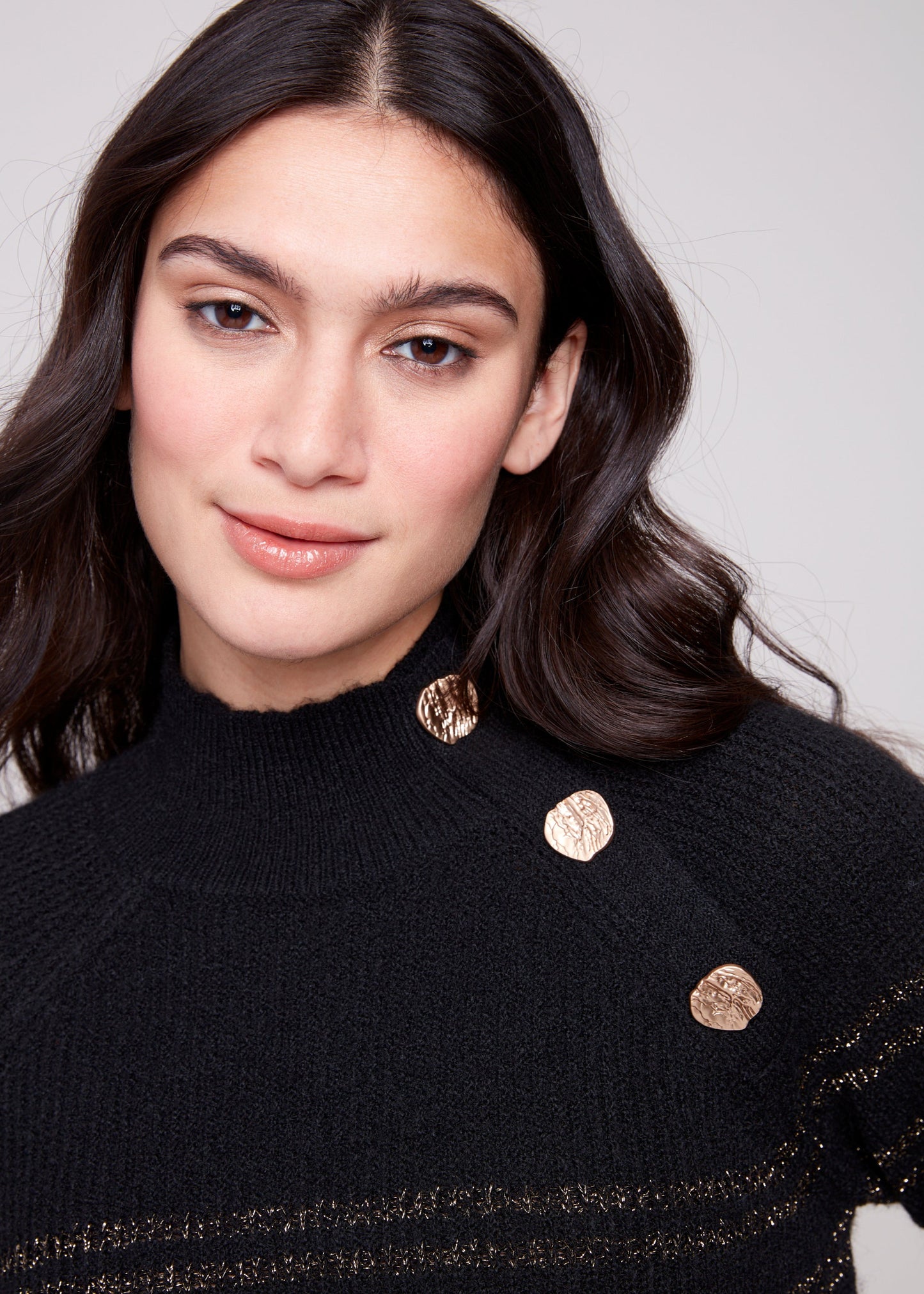 Charlie B - Metallic Striped Mock Neck Sweater with Button Details - SALE