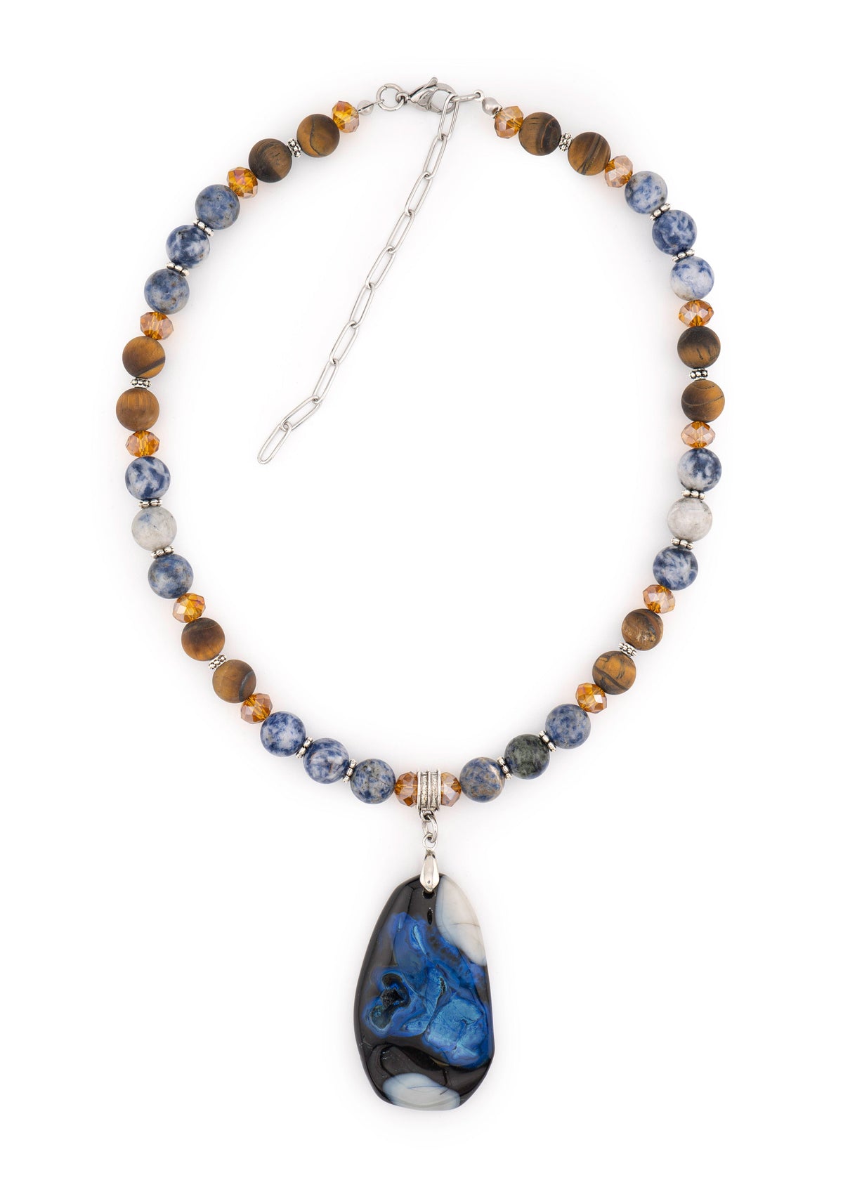 Blue Stone Teardrop Pendant Mixed Bead Necklace