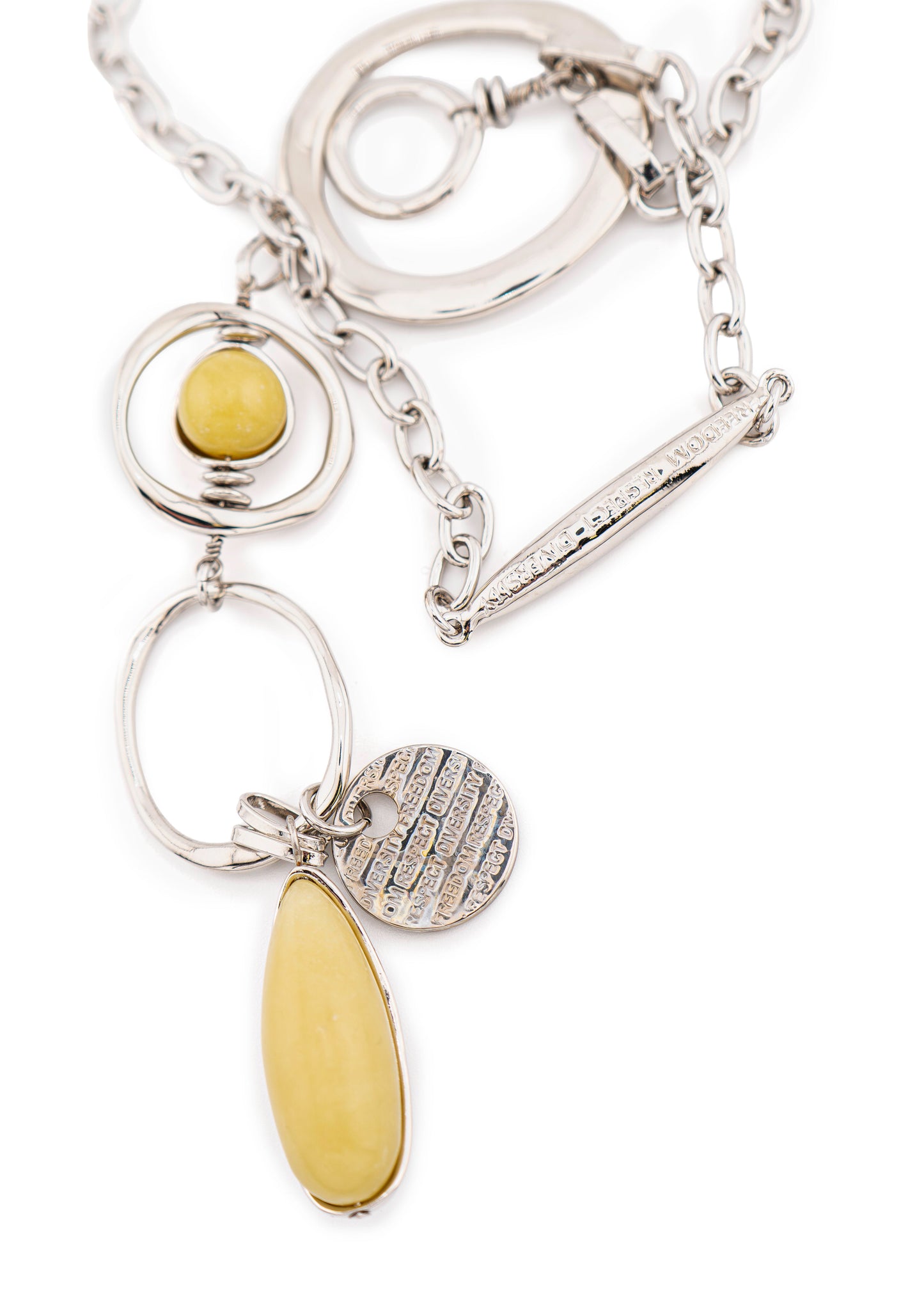 Silver-Tone Circle Link & Citron Stone Lariat Necklace