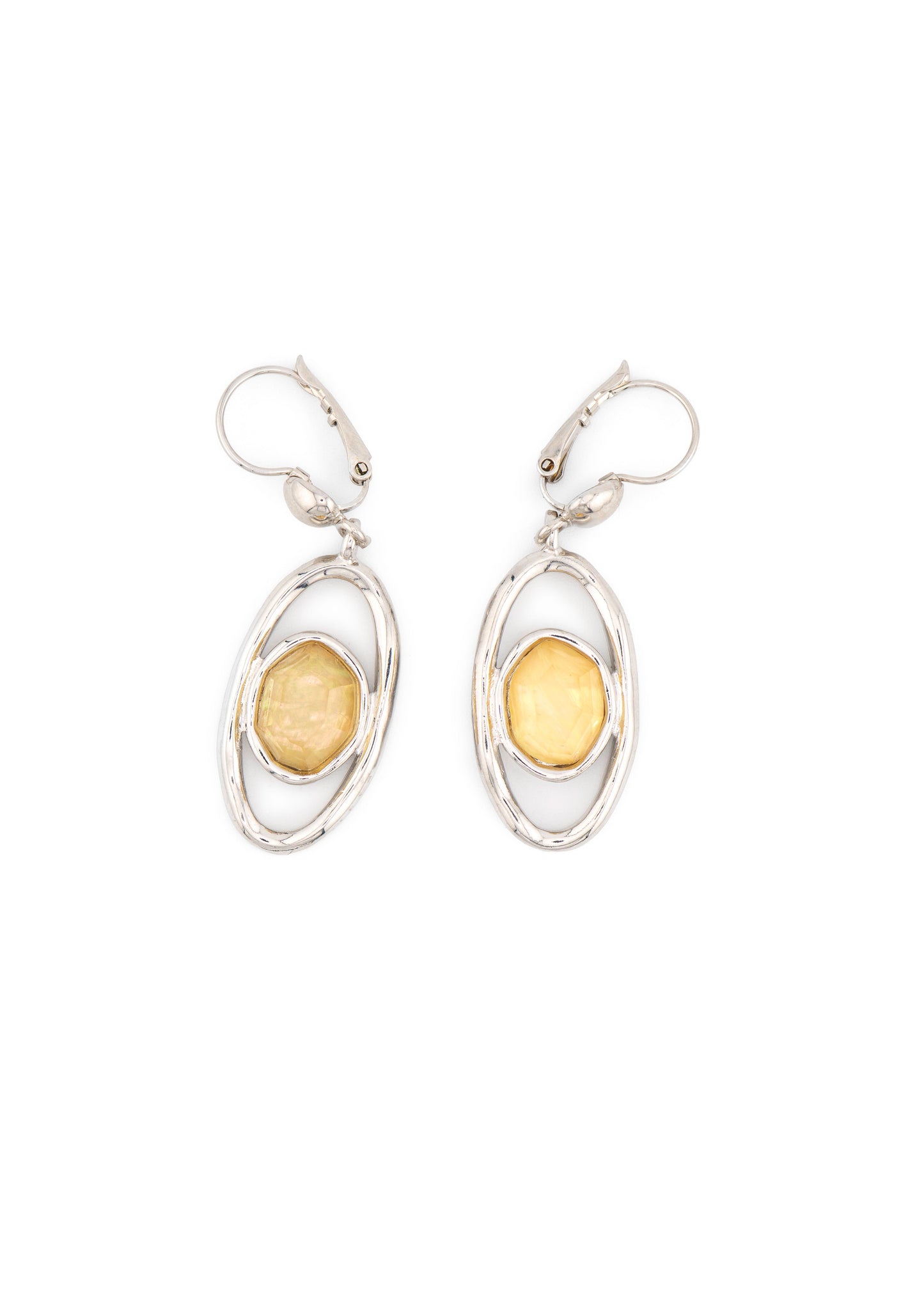 Silver-Tone Oval Frame & Citron Stone Drop Earrings