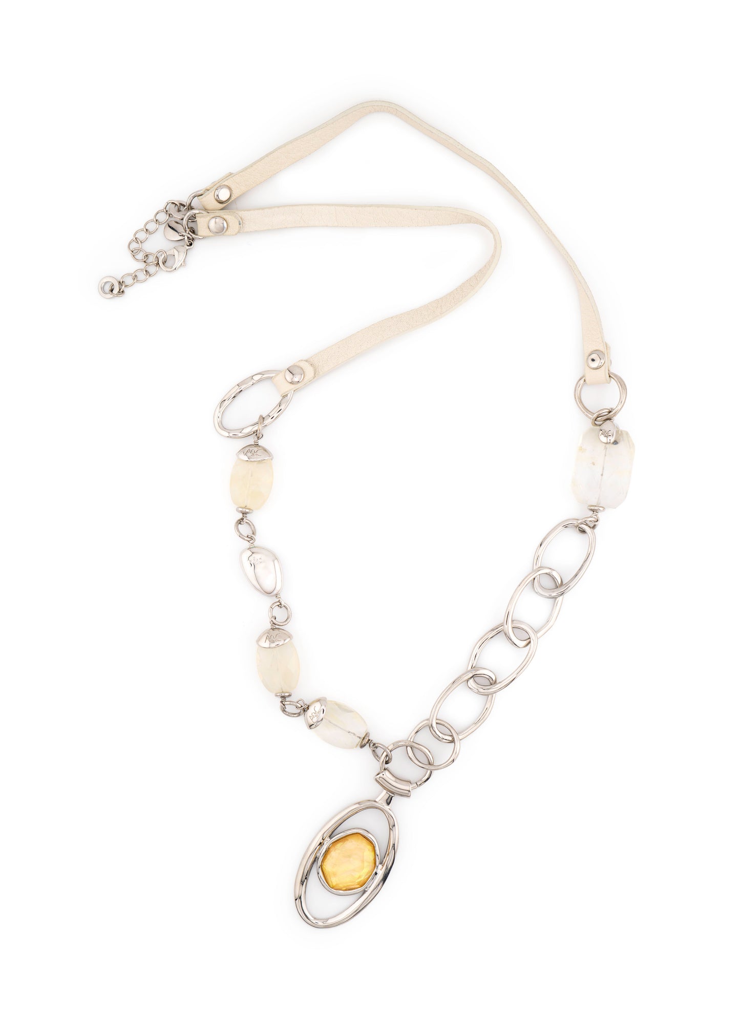Leather Cord & Amber Stone Oval Frame Pendant Long Necklace