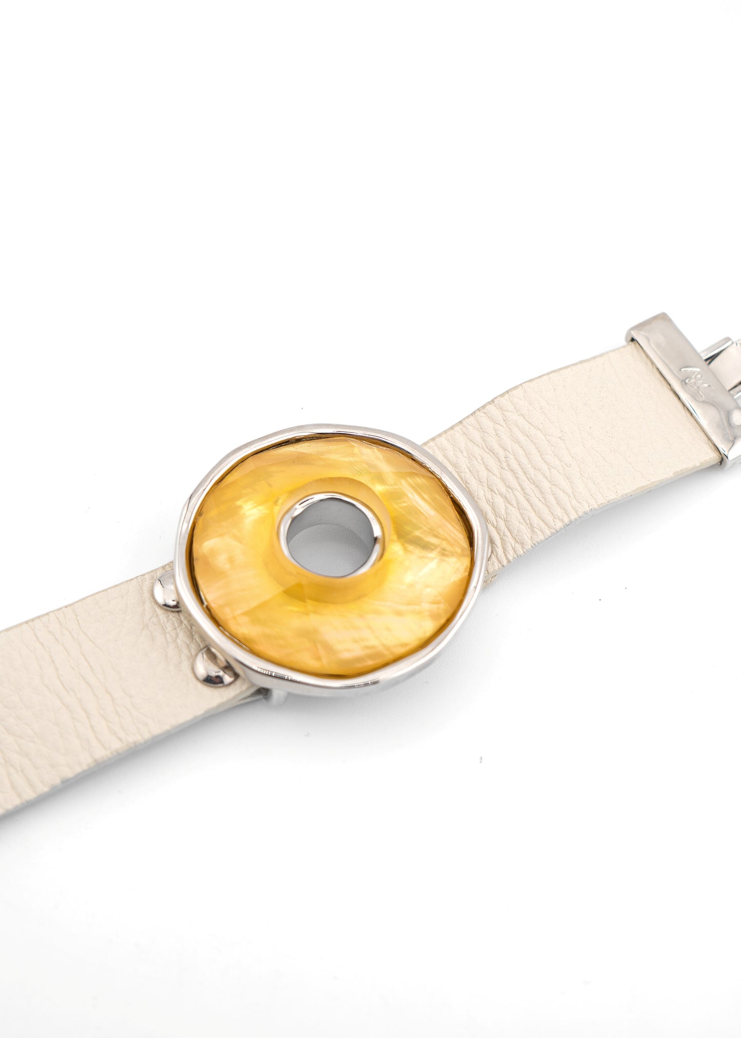 Leather Cuff & Amber Donut Stone Bracelet