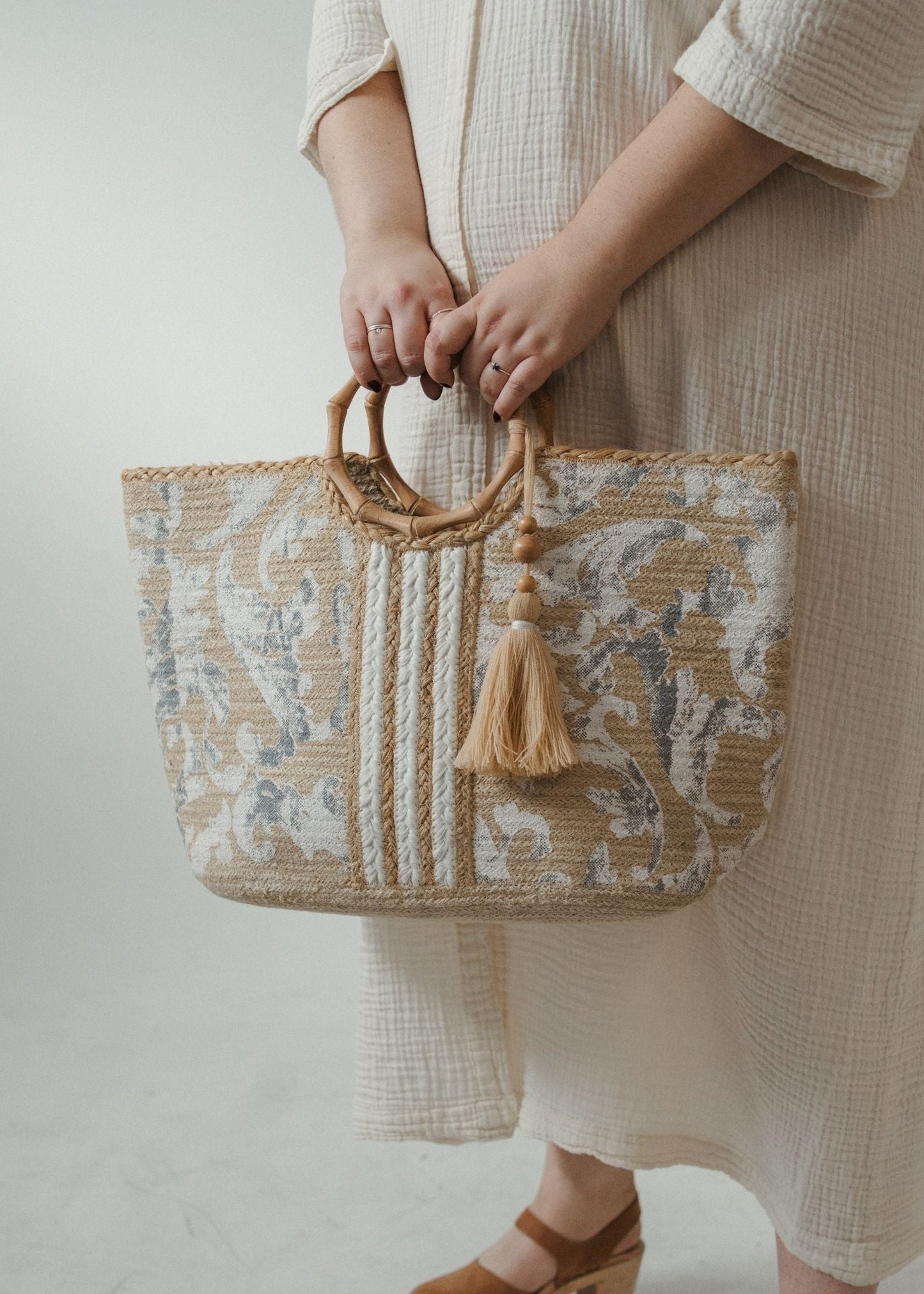 Pokoloko - Whimsical Stripe Circular Handle Jute Bag