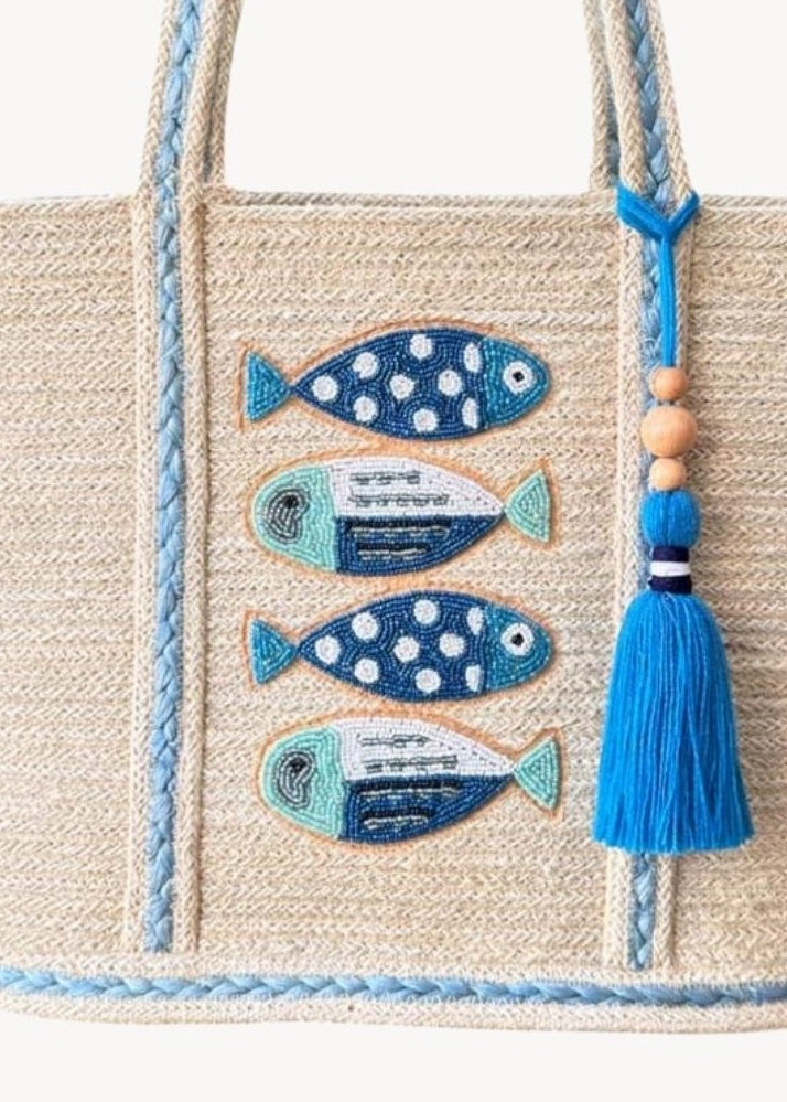 Pokoloko - Beaded Fish with Tassel Jute Bag