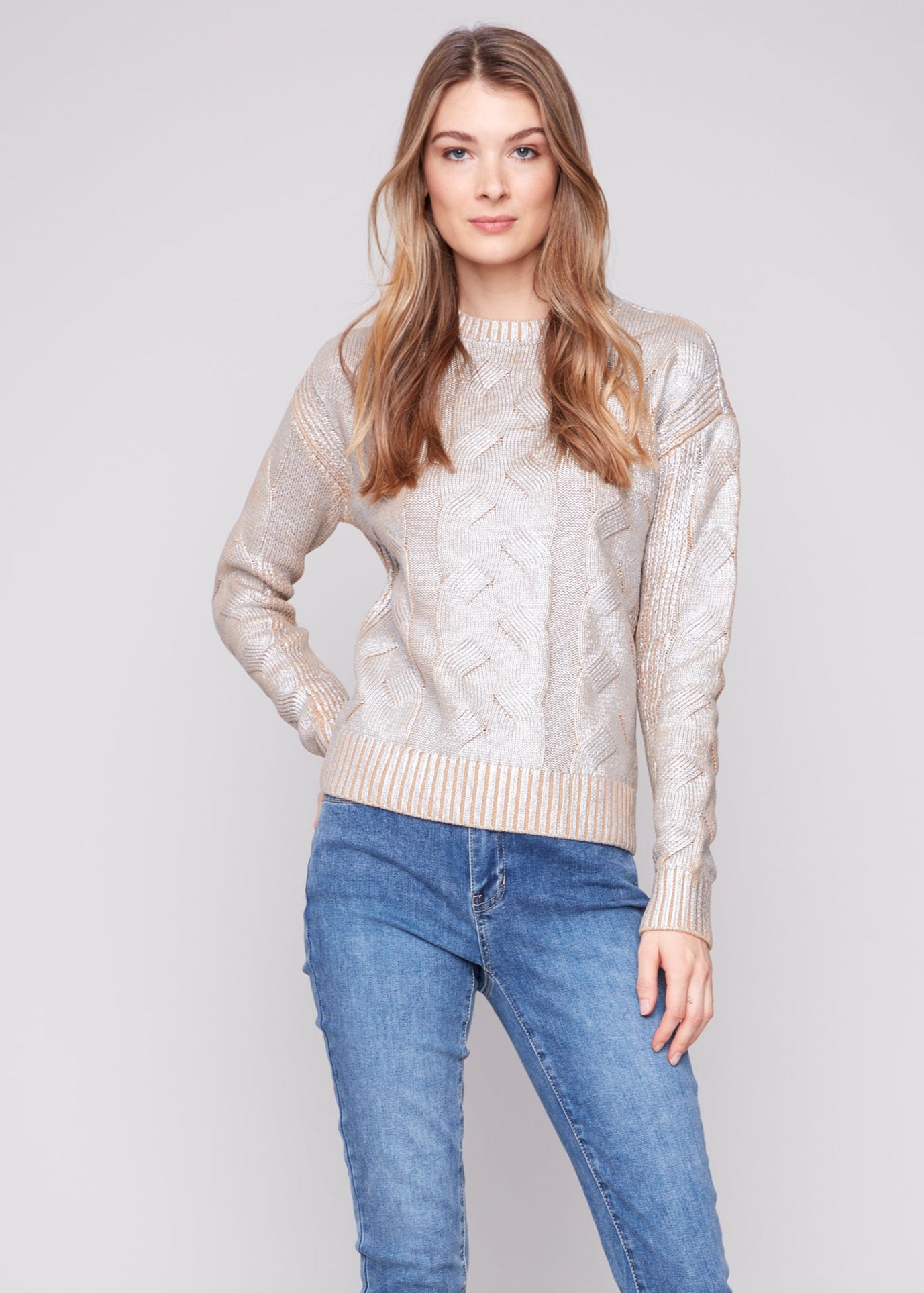 Charlie B - Foiled Drop Shoulder Cable Knit Sweater - SALE