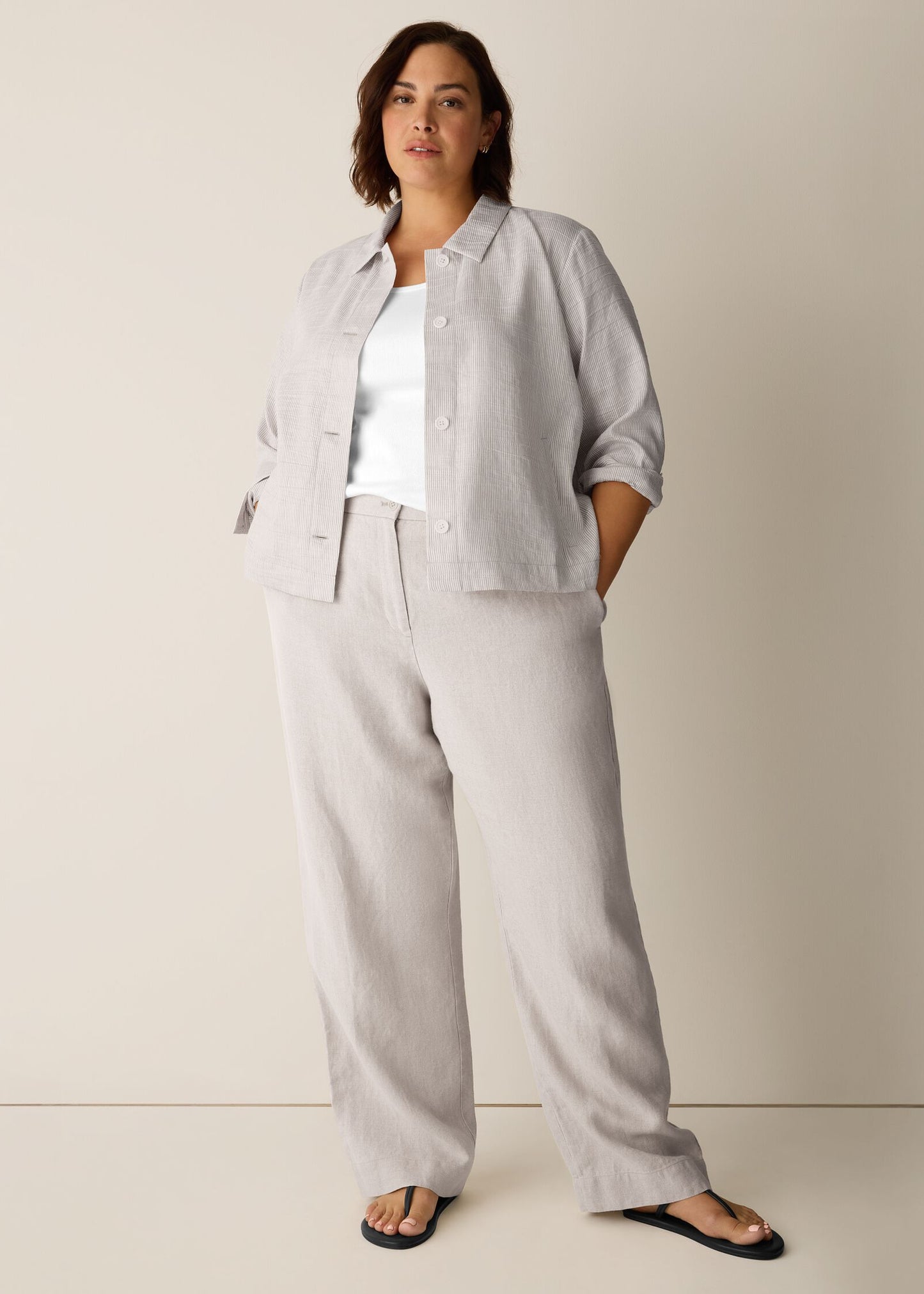 Eileen Fisher - Striped Linen Sheen Classic Collar Jacket