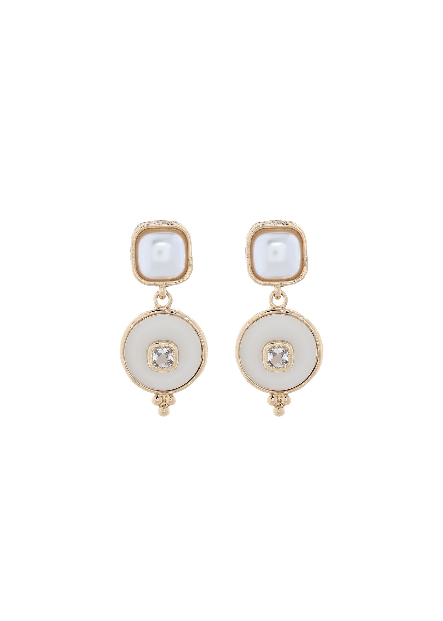 Merx - Faux Pearl & White Disc Crystal Drop Earrings