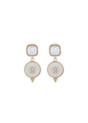 Merx - Faux Pearl & White Disc Crystal Drop Earrings