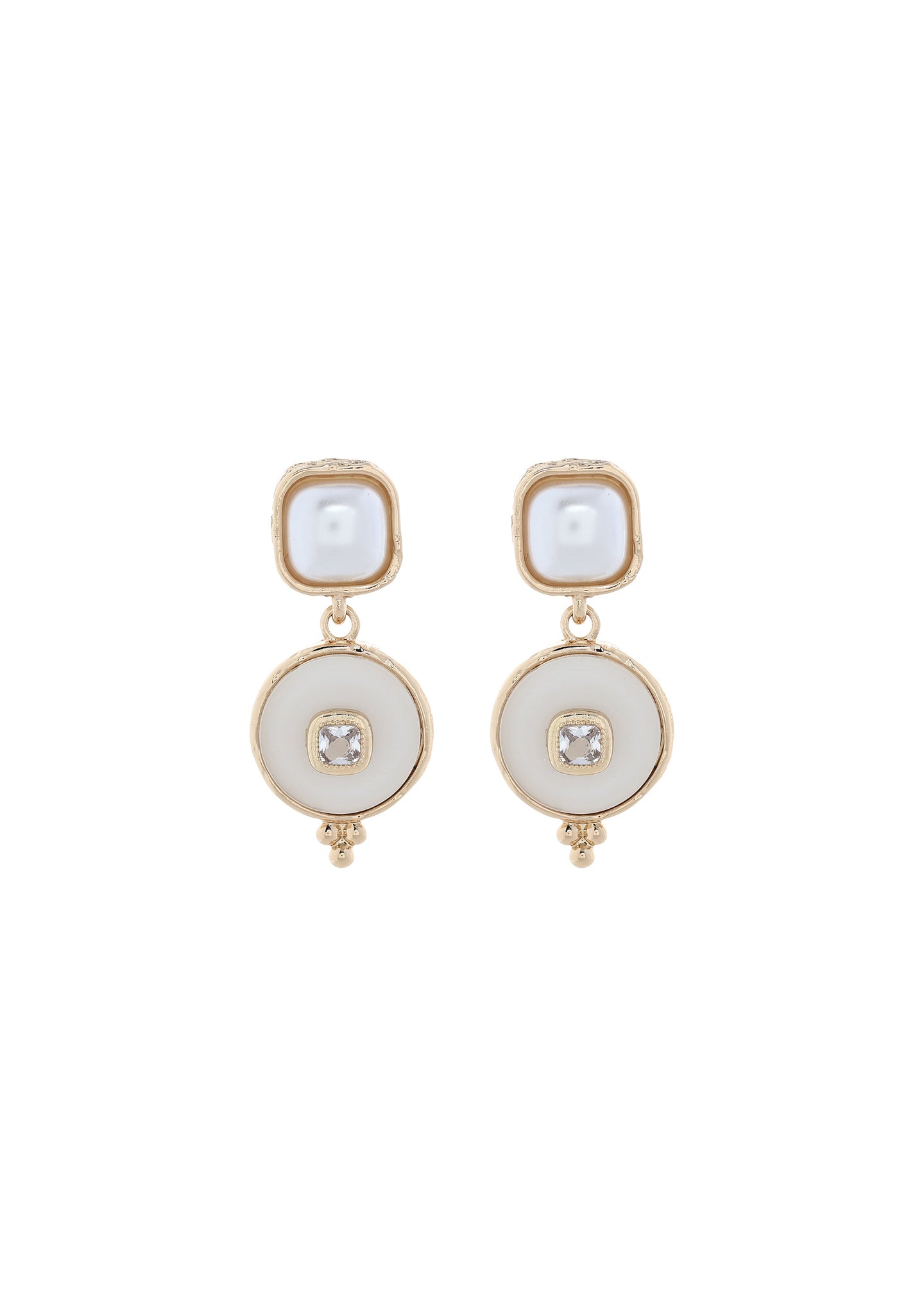 Merx - Faux Pearl & White Disc Crystal Drop Earrings