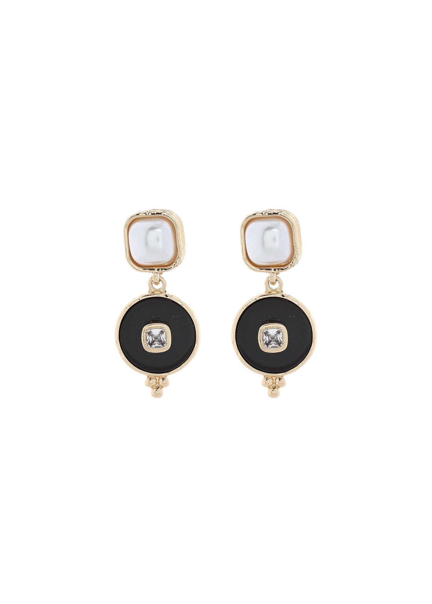 Merx - Faux Pearl & Black Disc Crystal Drop Earrings