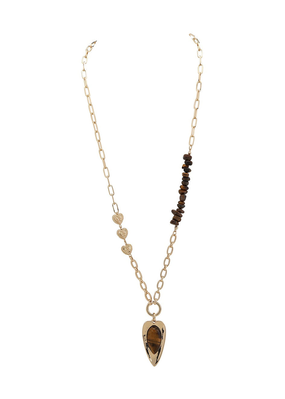 Merx - Tiger Eye Bead & Heart Pendant Long Chain Necklace
