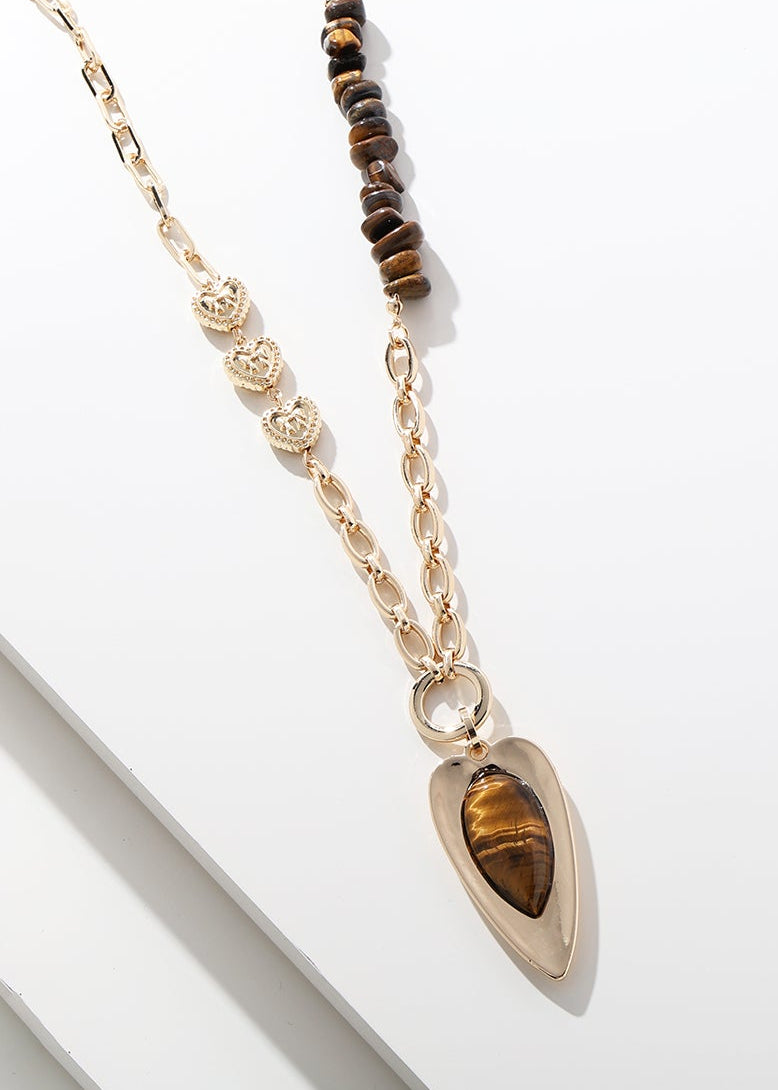 Merx - Tiger Eye Bead & Heart Pendant Long Chain Necklace