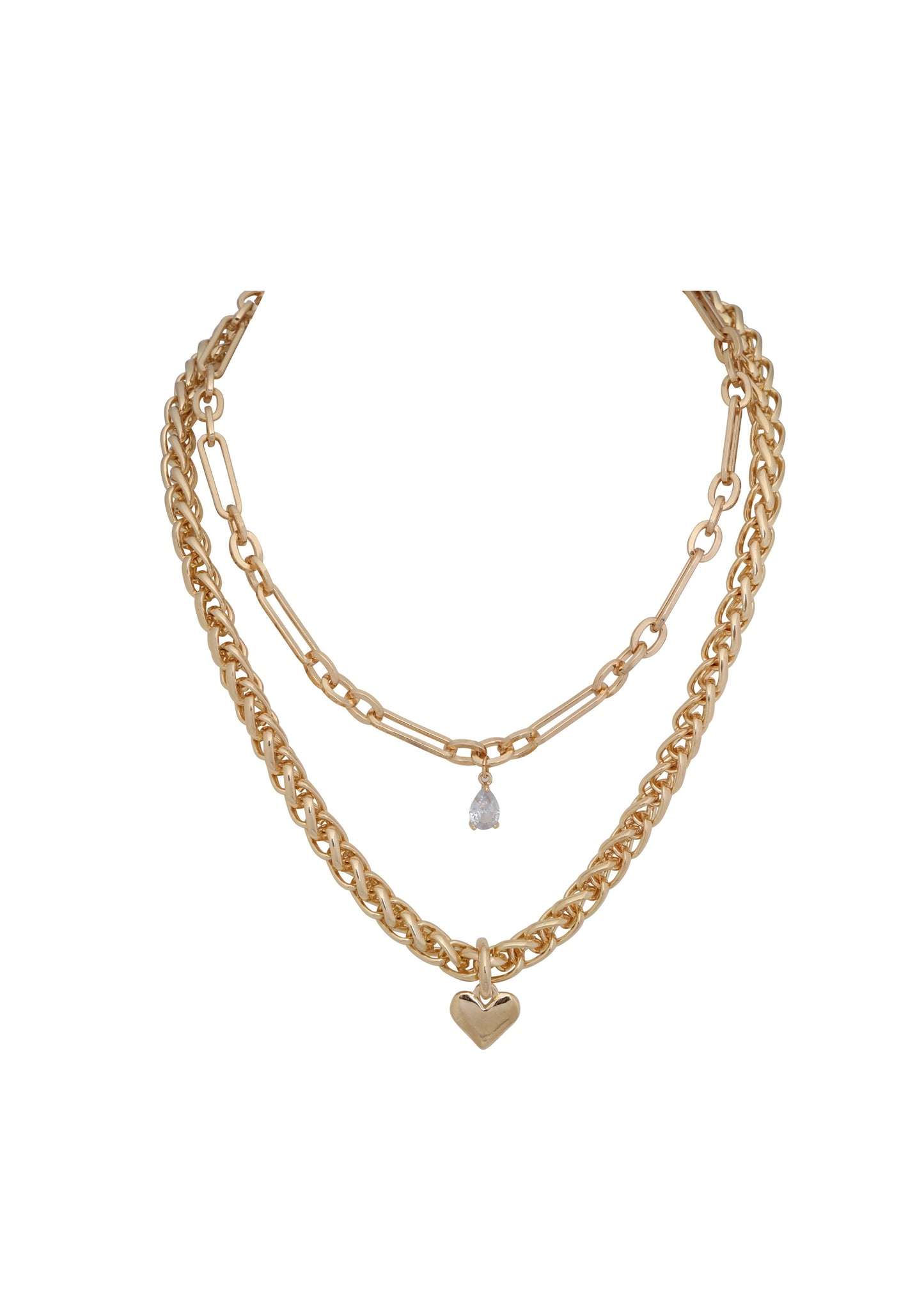 Merx - Double Layer Chunky Chain Heart & Crystal Necklace