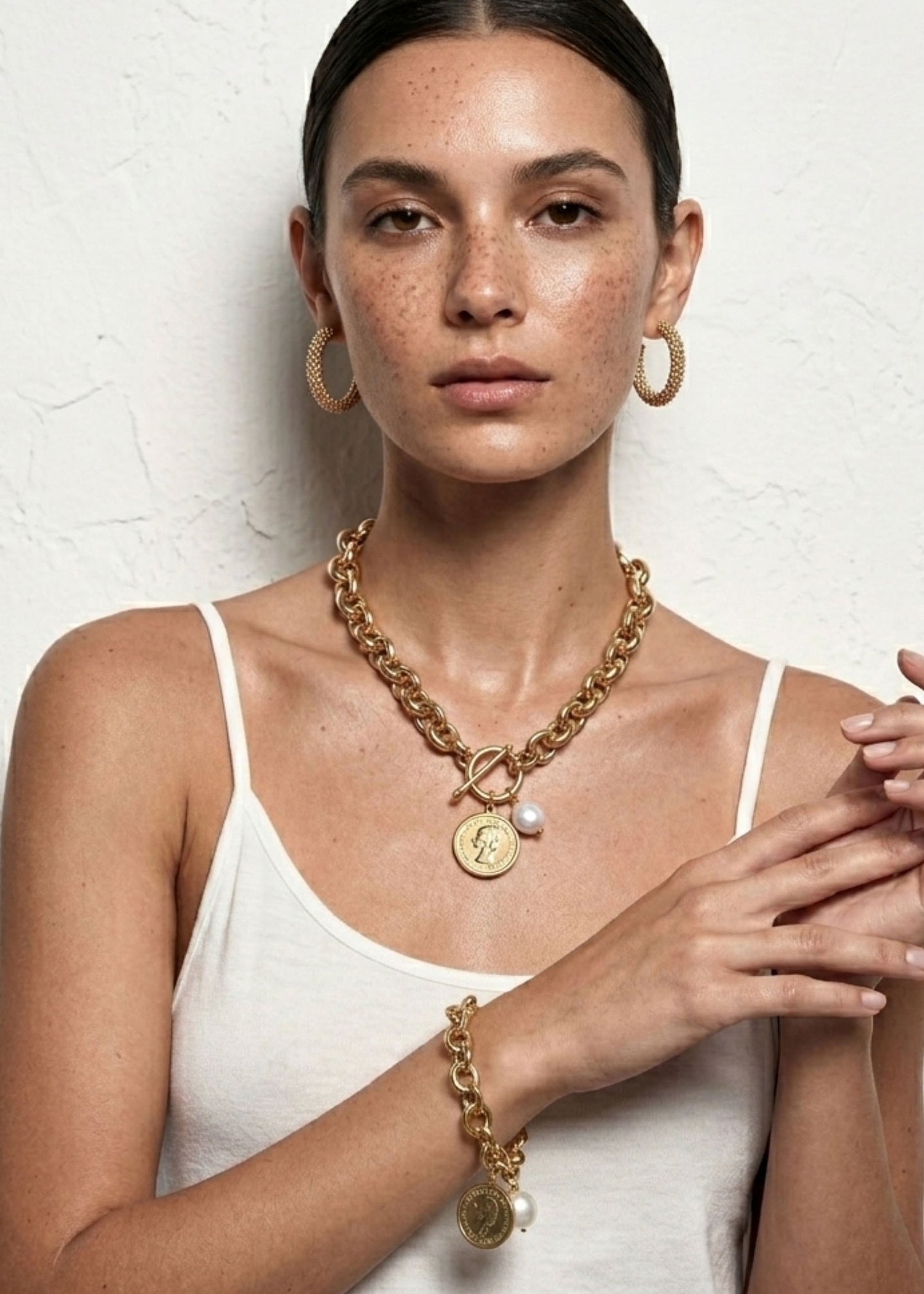 Merx - Chunky Rolo Chain Coin & Pearl Toggle Bracelet