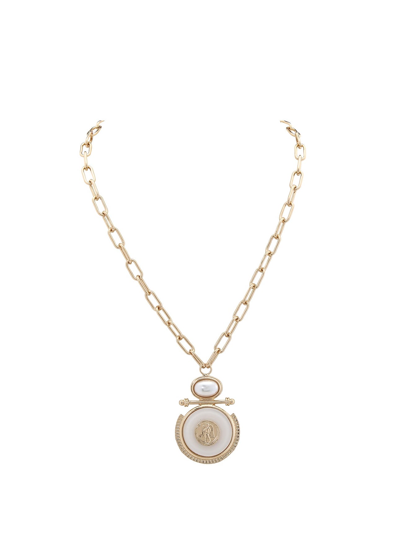 Merx - Oval Link Chain & Pearl Coin Medallion Pendant Necklace