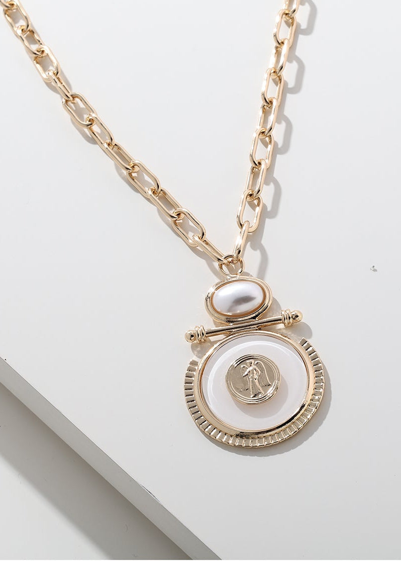 Merx - Oval Link Chain & Pearl Coin Medallion Pendant Necklace