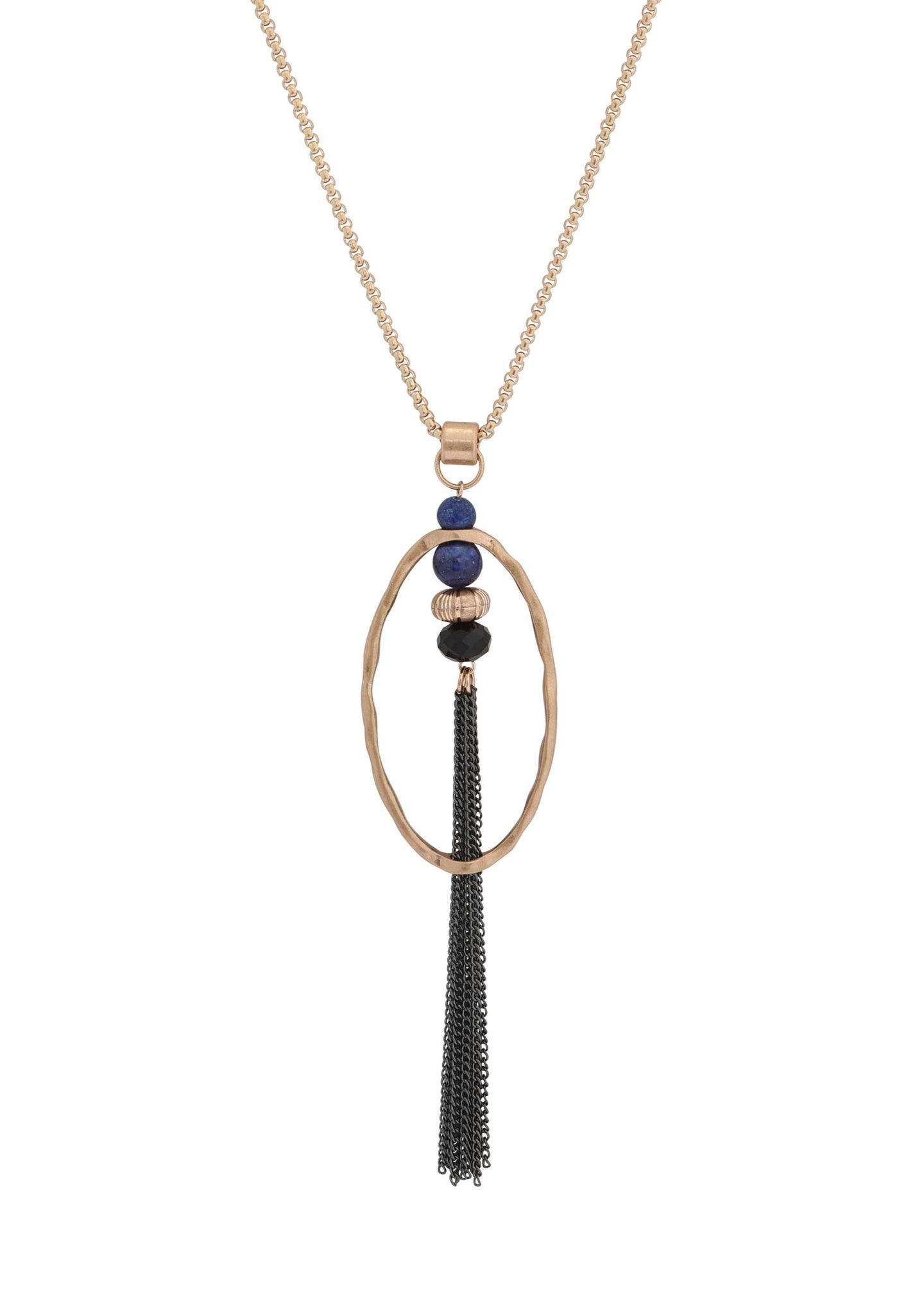 Merx - Oval Pendant Necklace with Mixed Stones & Tassel