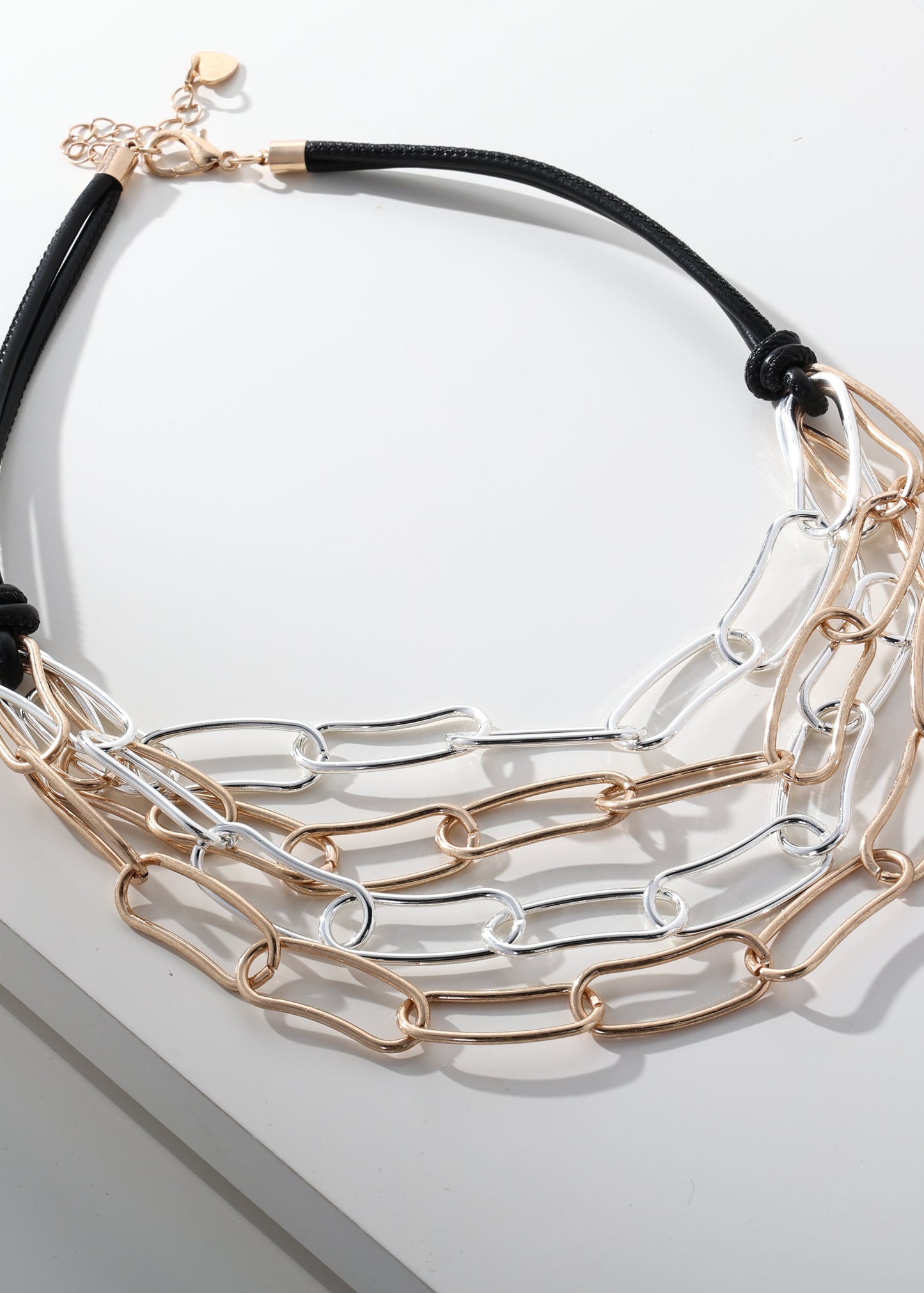Merx - Multi-Strand Mixed Metal Link & Leather Necklace