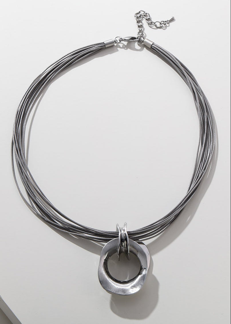 Merx - Multi-Strand Cord & Brushed Open Ring Pendant Necklace