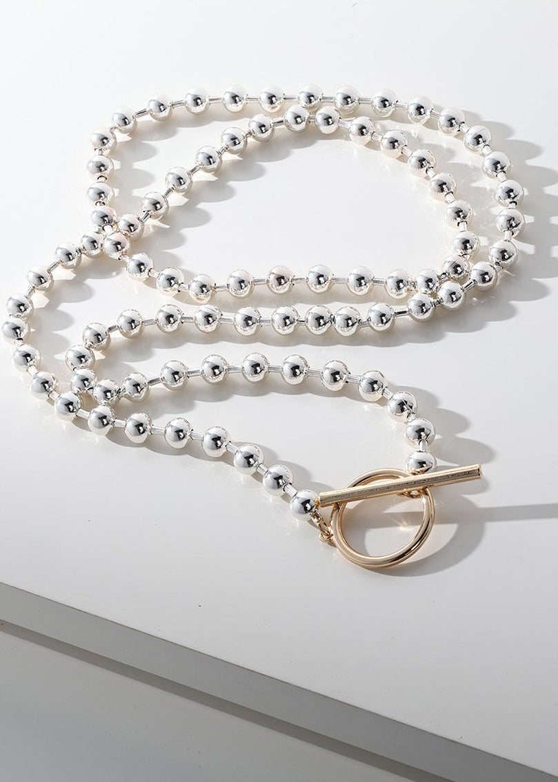 Merx - Silver Ball Bead Lariat Toggle Necklace