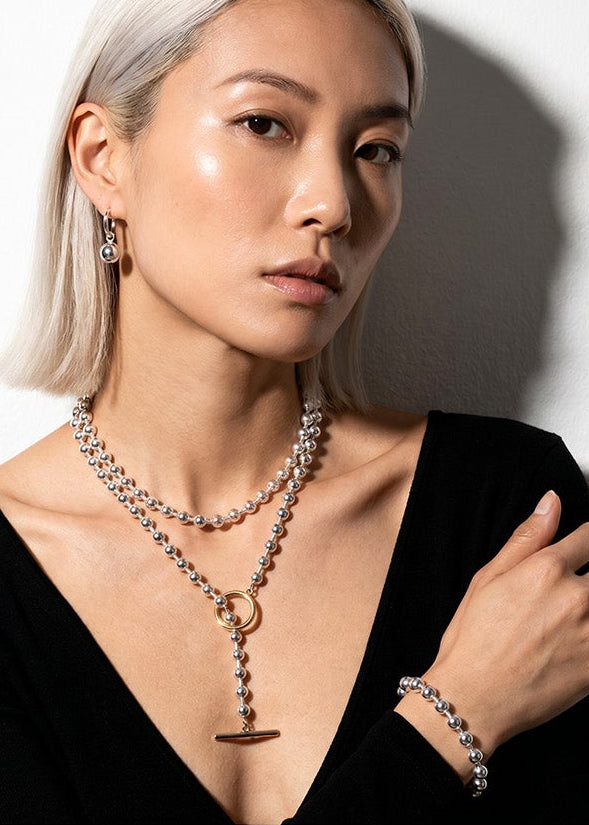 Merx - Silver Ball Bead Lariat Toggle Necklace