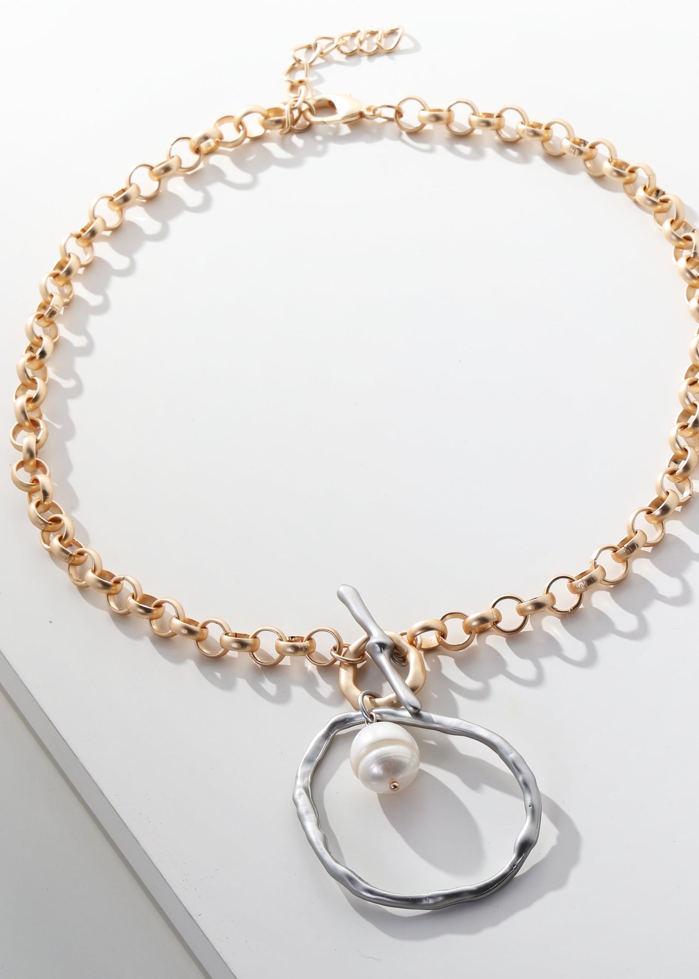 Merx - Gold Chain & Pearl Organic Ring Pendant Necklace