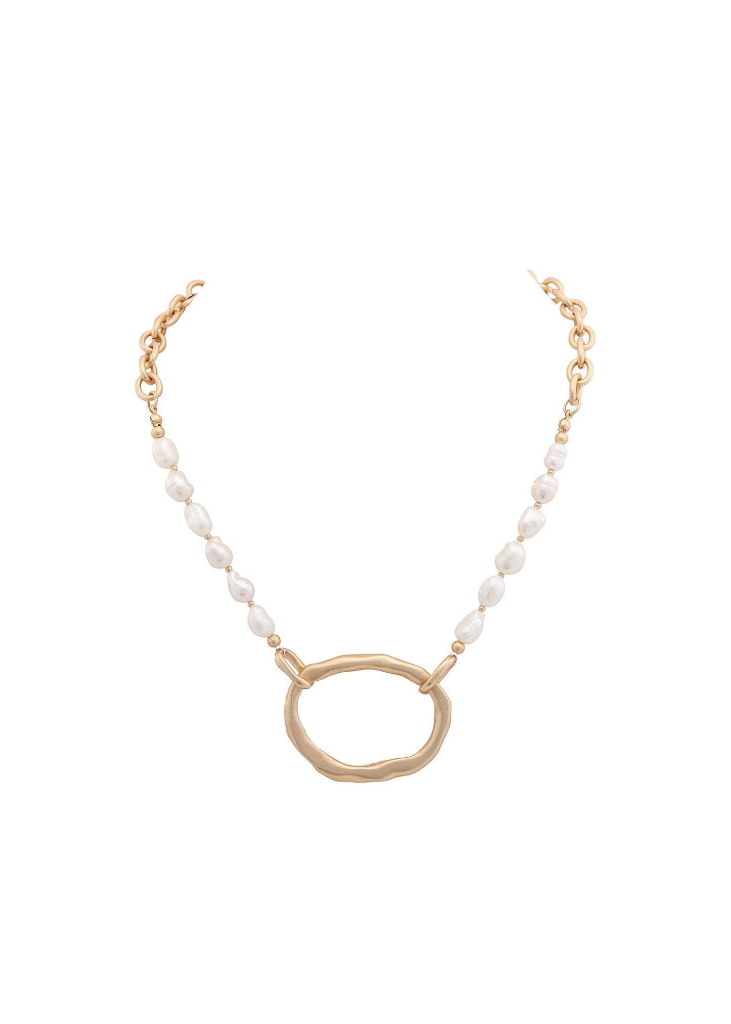 Merx - Pearl Strand & Hammered Gold Ring Necklace