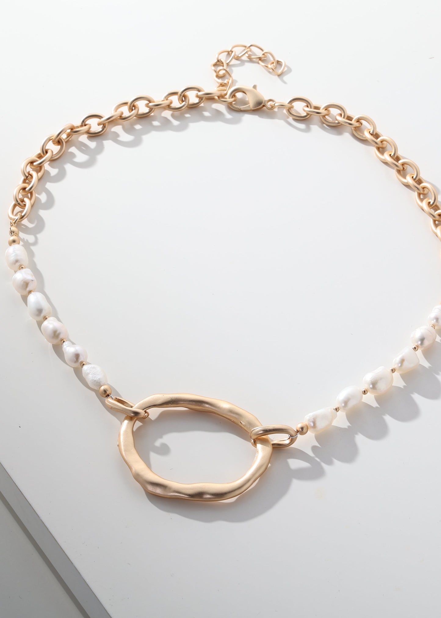 Merx - Pearl Strand & Hammered Gold Ring Necklace