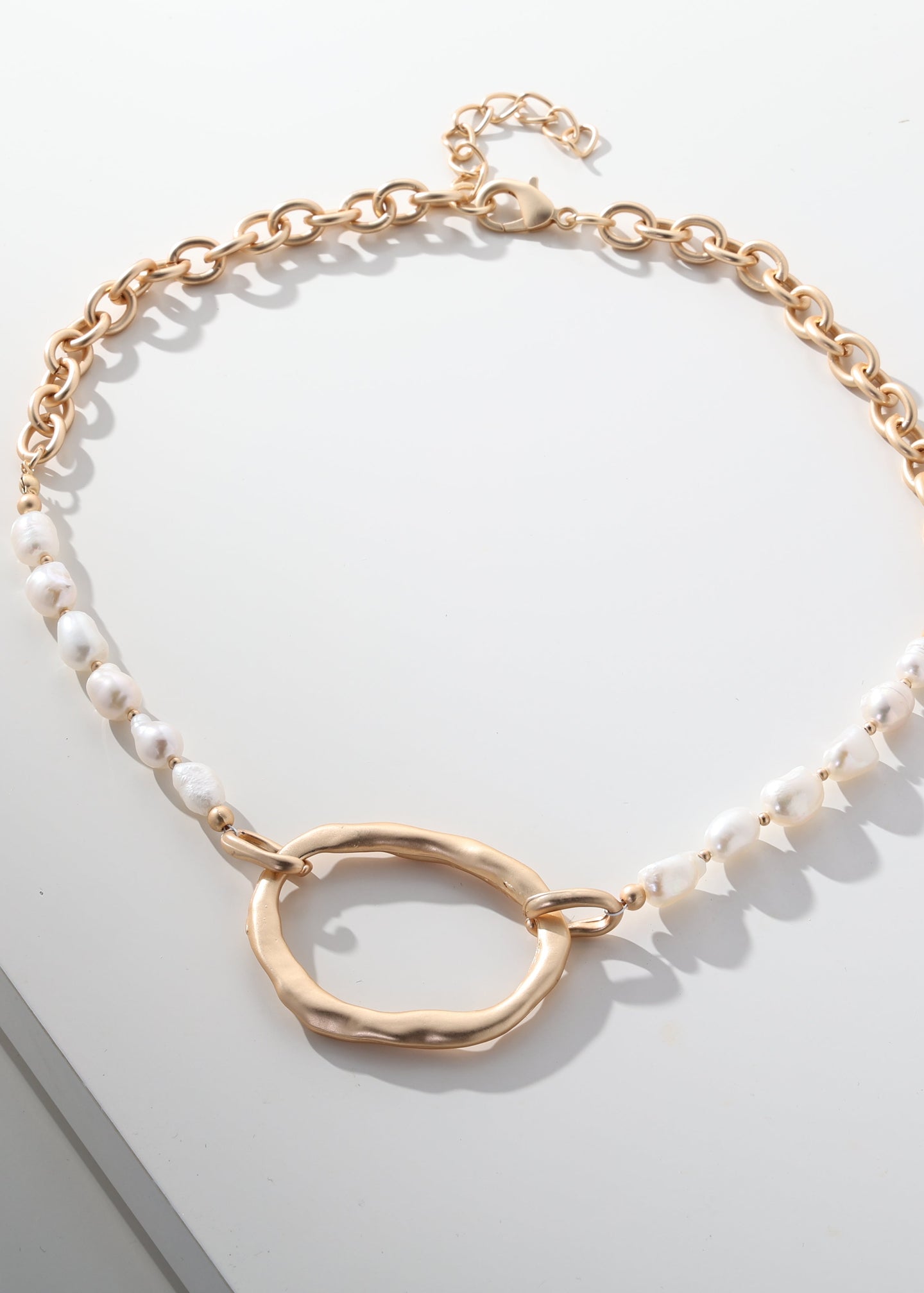 Merx - Pearl Strand & Hammered Gold Ring Necklace