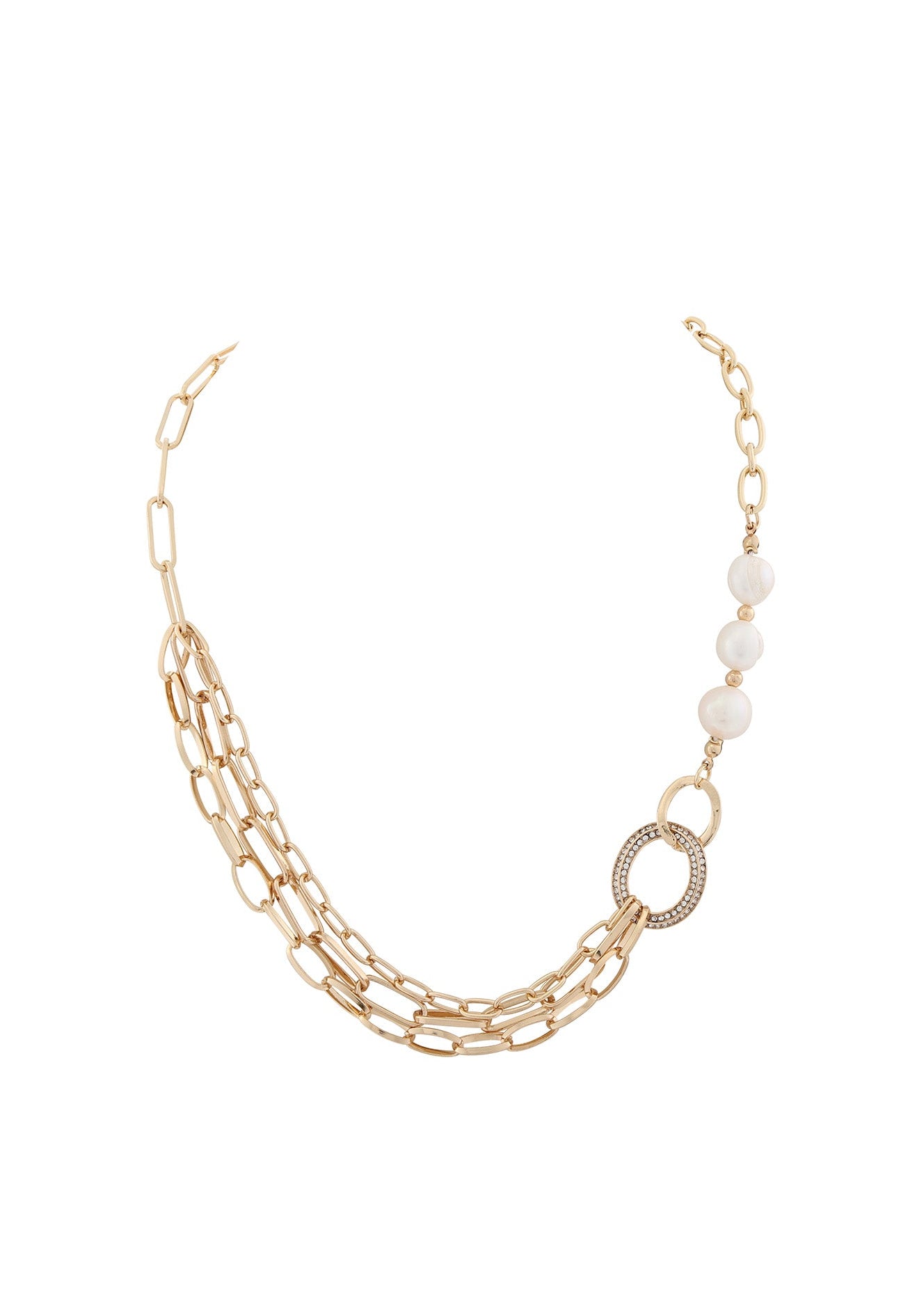 Merx - Triple Strand Chain & Pearl Rhinestone Necklace
