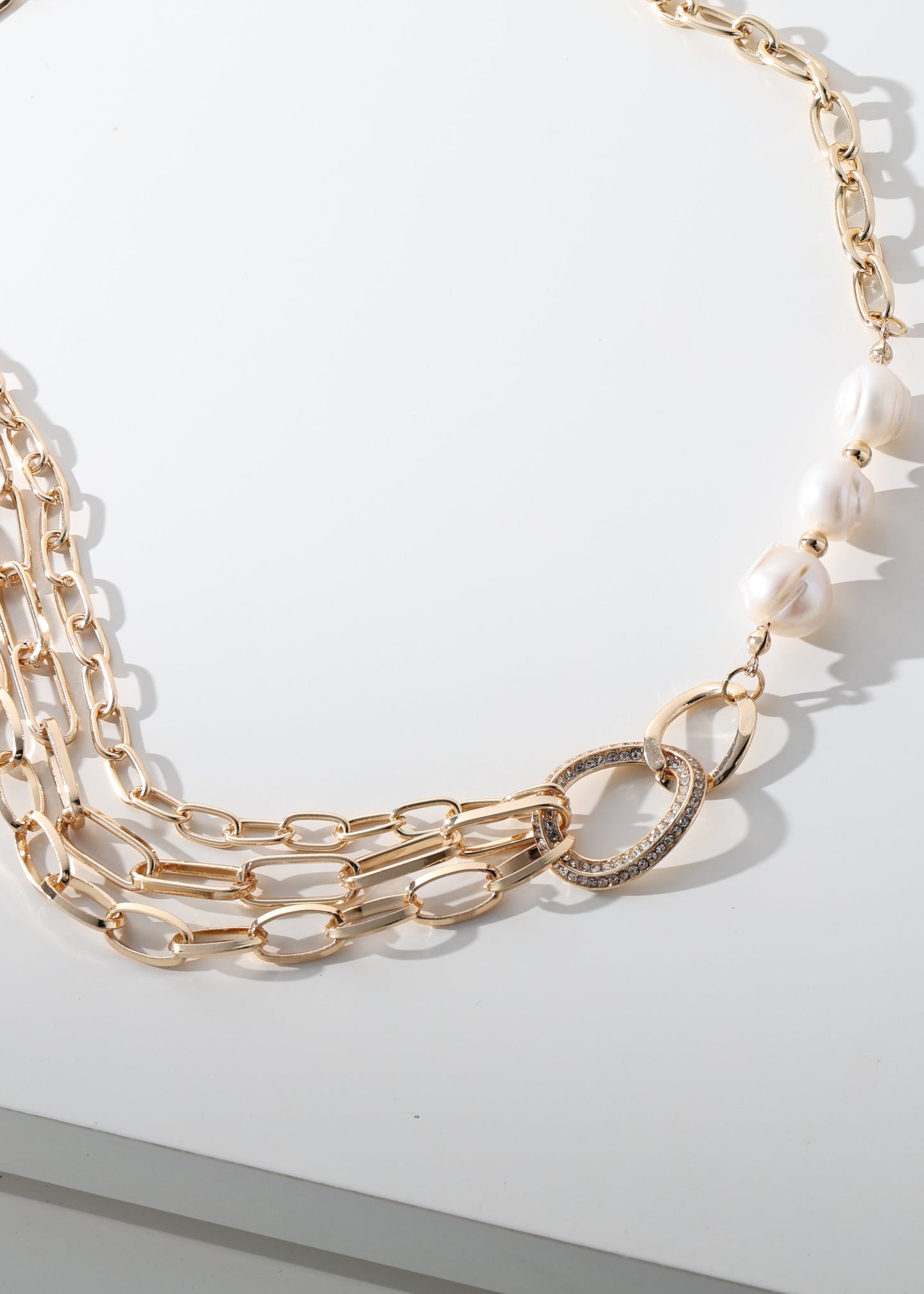 Merx - Triple Strand Chain & Pearl Rhinestone Necklace