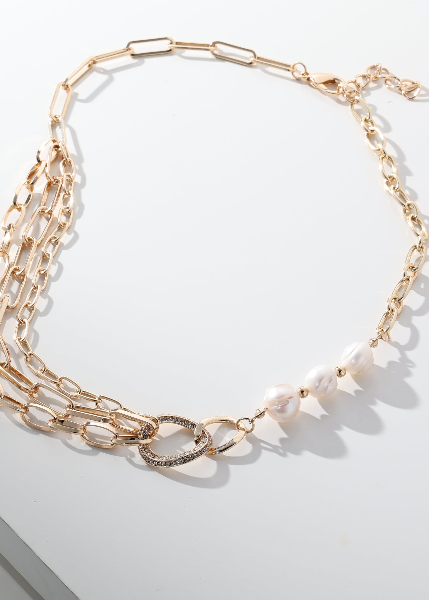 Merx - Triple Strand Chain & Pearl Rhinestone Necklace