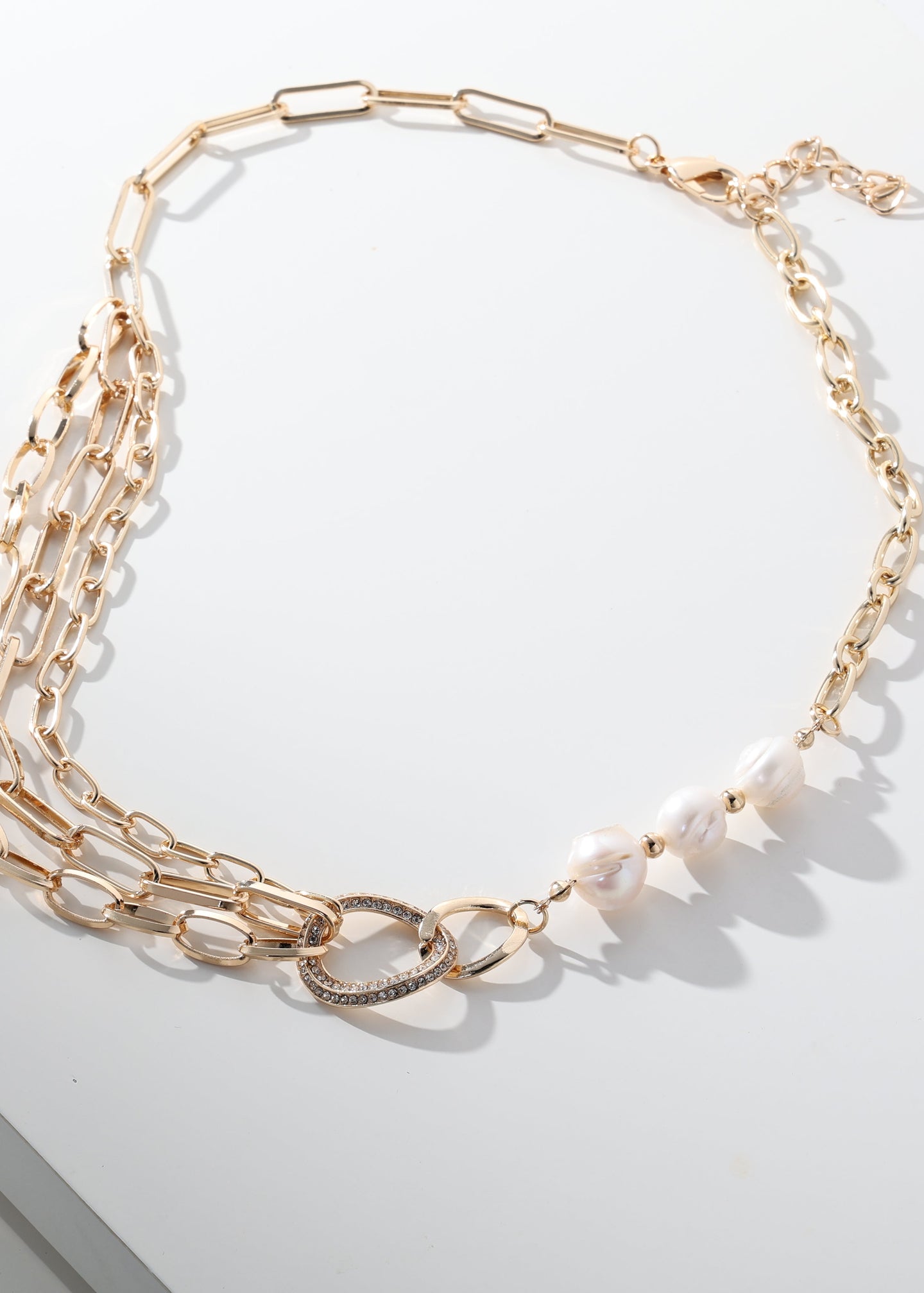 Merx - Triple Strand Chain & Pearl Rhinestone Necklace