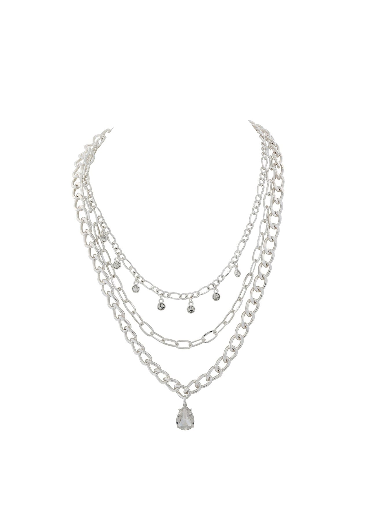 Merx - Triple Strand Silver Chain & Crystal Drop Necklace