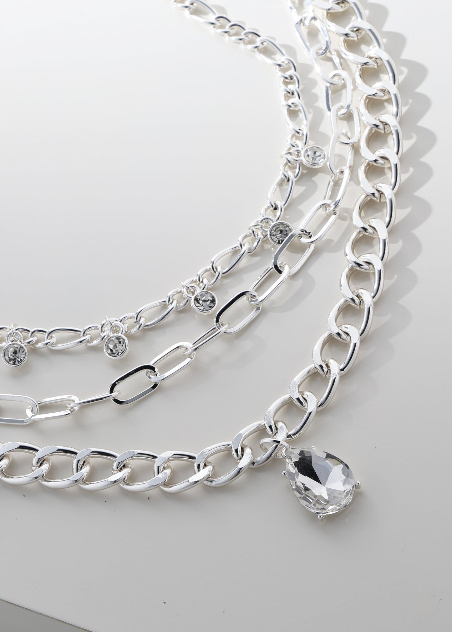 Merx - Triple Strand Silver Chain & Crystal Drop Necklace