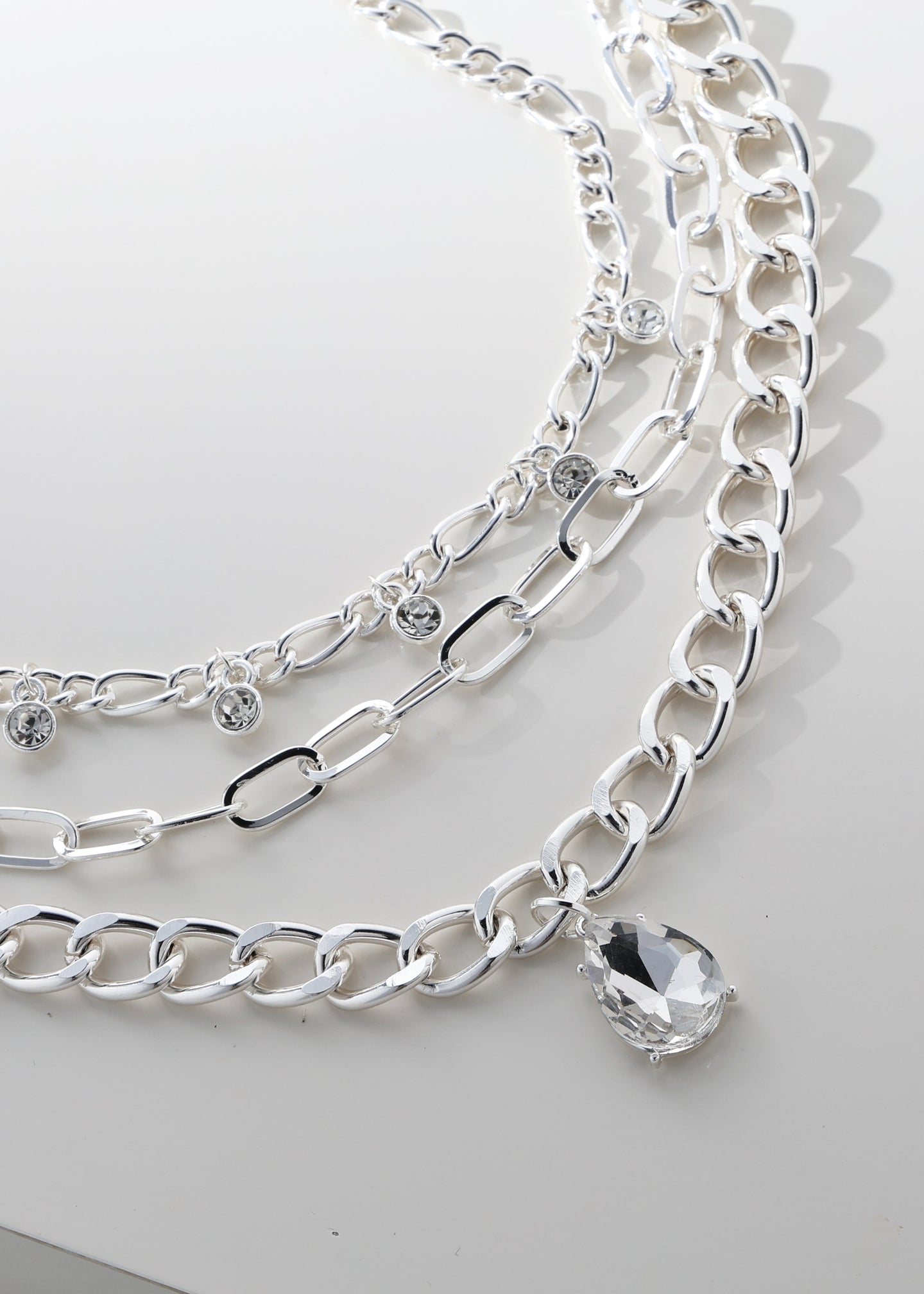 Merx - Triple Strand Silver Chain & Crystal Drop Necklace