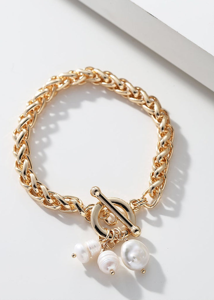 Merx - Wheat Chain & Freshwater Pearl Cluster Toggle Bracelet